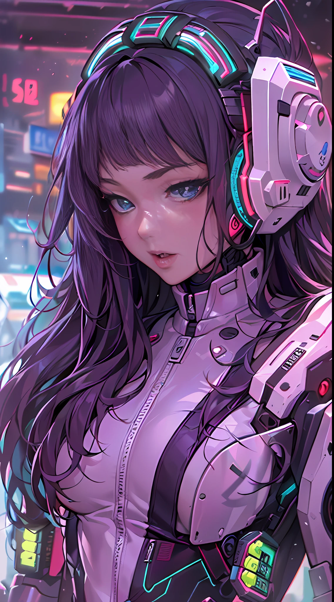 um close up de uma mulher com uma roupa futurista com fones de ouvido, oppai cyberpunk, cyberpunk anime mech, biomechanical oppai, meninaime cyberpunk feminino, arte digital do anime cyberpunk, garota anime cyberpunk, arte cyberpunk anime, cyber suit, menina em meber armor, cyberpunk digital - arte de anime, menina ciborgue bocybernetic suit, arte de anime cyberpunk