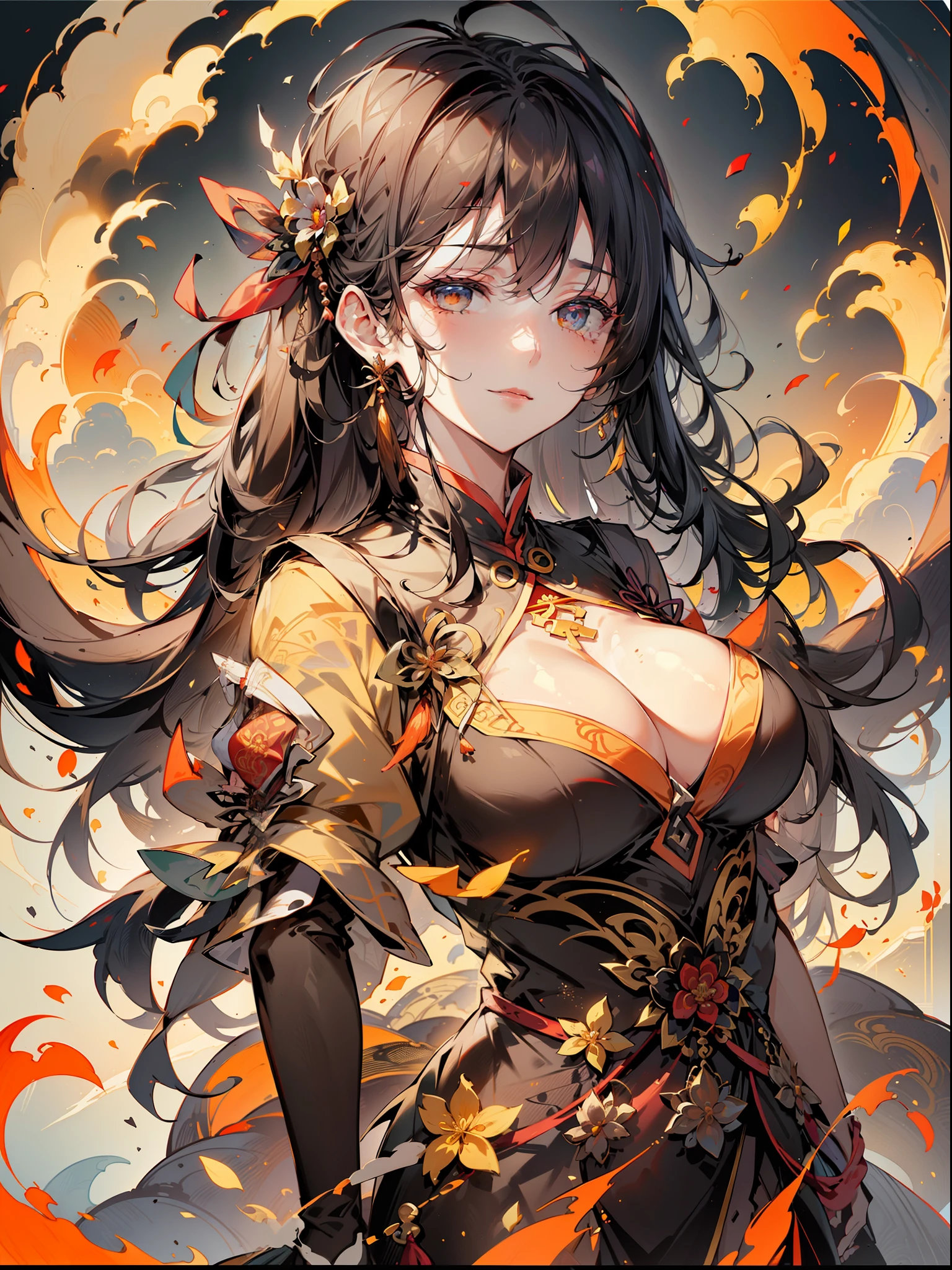 （RAW photos，best qualtiy），（realisticlying，photograph realistic：1.3），Extremely refined and beautiful，astounding，finedetail，tmasterpiece，hyper-detailing，A high resolution，（Most Best Illustration），（best shadow），iintricate，（In a crimson gold Chinese dragon，There is gold dust around，Black flowers，the trees，petals，ventania，Oh, God，Long wavy body，fang，fanciful，mito，high high quality，highly  detailed，tmasterpiece，epic，particle effect，Dynamic effects，（drak：1.4）Front），Clouds，firestorm，mountain ranges，the sunset，sharp fokus， volume fog， 8K  UHD， digital SLR camera， high qulity， （filmgrain：1.4）， 富士XT3，offcial art， Unity8k wallpapers， ultra - detailed， Beautiful and beautiful， best qualityer， （Zen entanglement， tangled， entangled）， （s fractal art： 1.4）， 1girll， brunette color hair， chino， Splendid robes， The is very detailed， dynamic angle， （The most beautiful chaotic shape）， flowing， （Bright colors）， OC， （halfway： 1.2）， Chinese big breasts， （tape： 1.3）， （dream： 1.5）， （Hanfu： 1.5）， chinesedragon，（ssmile： 0.5）， （Chinese God）， realisticlying， 超A high resolution， 复杂， hyper-detailing， （dent in the skin）， femele， Detailed body， （Detailed face： 1.1）， （contoured iris）， （Watercolor lenses）， （perfect  eyes）， 4k， opulent， （tmasterpiece： 1.2）， （best qualtiy：1.2），slutty，tempting pose。