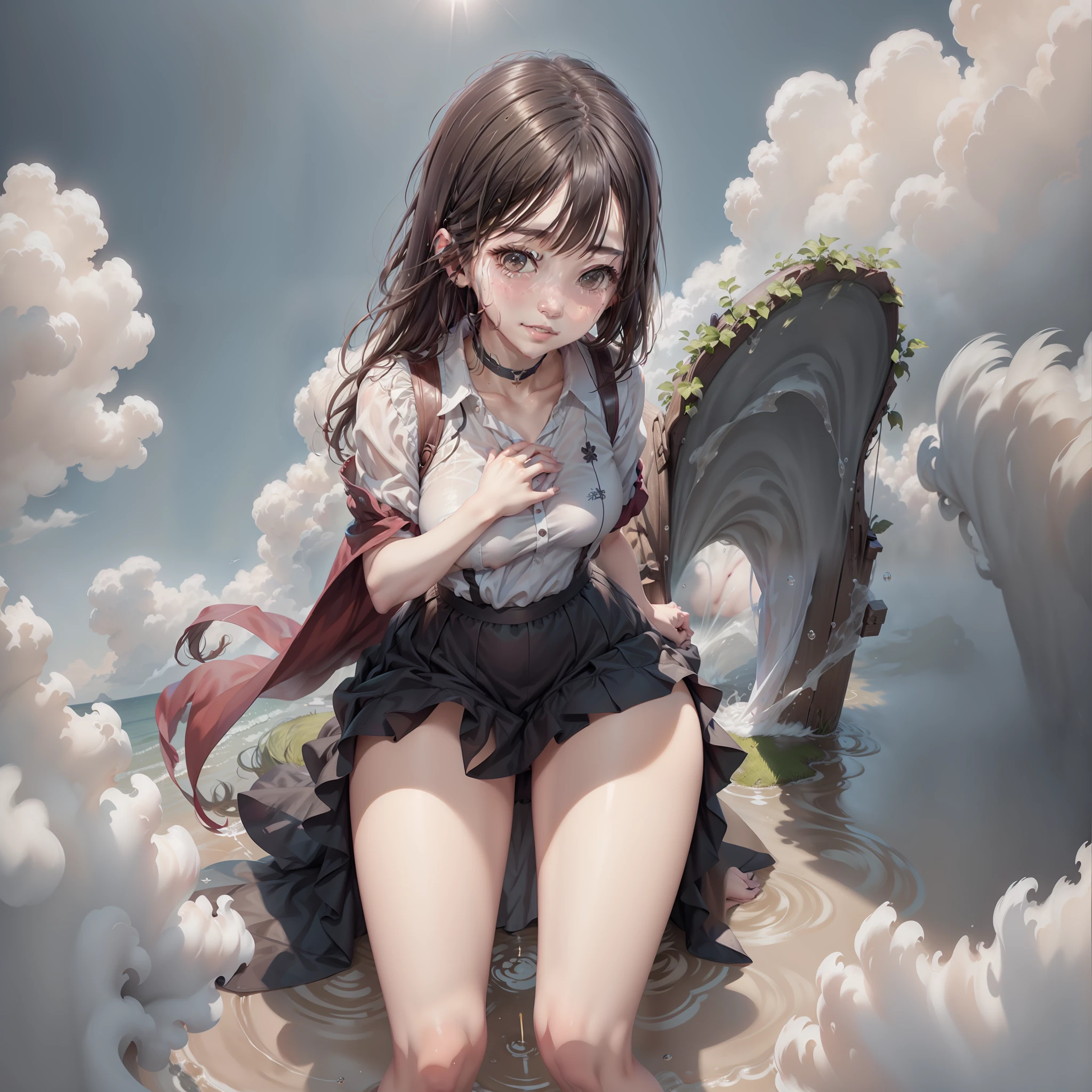 The maiden looks forward to praying under the sunny sky The sunlight scattered in the clouds falls on the girl's face