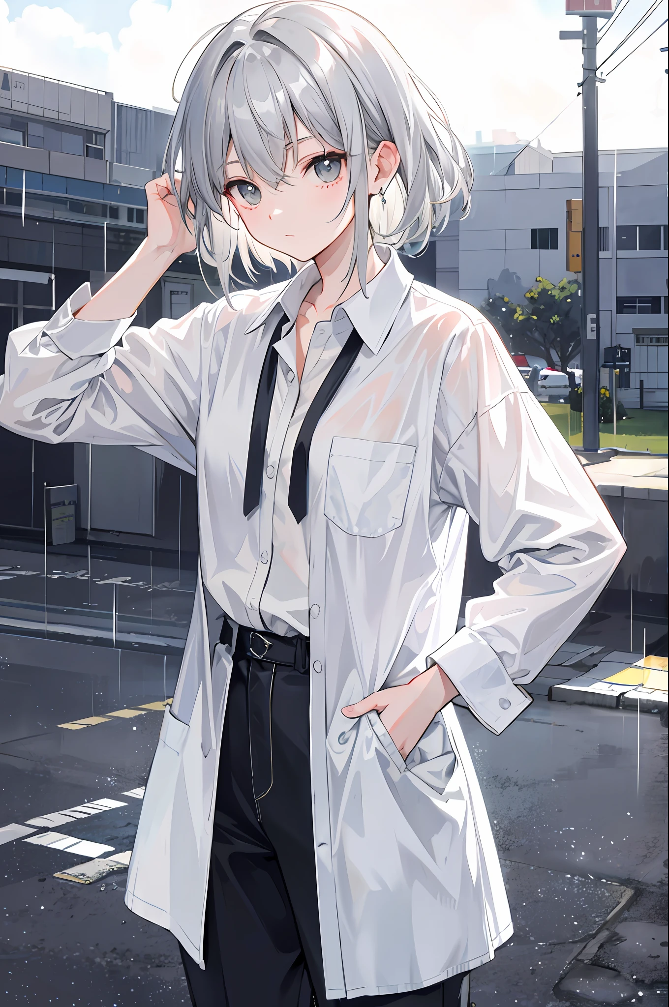 Gray hair fluttering,Light and cute,The sun is bright,Shirt in the rain,Put your hands in your pockets