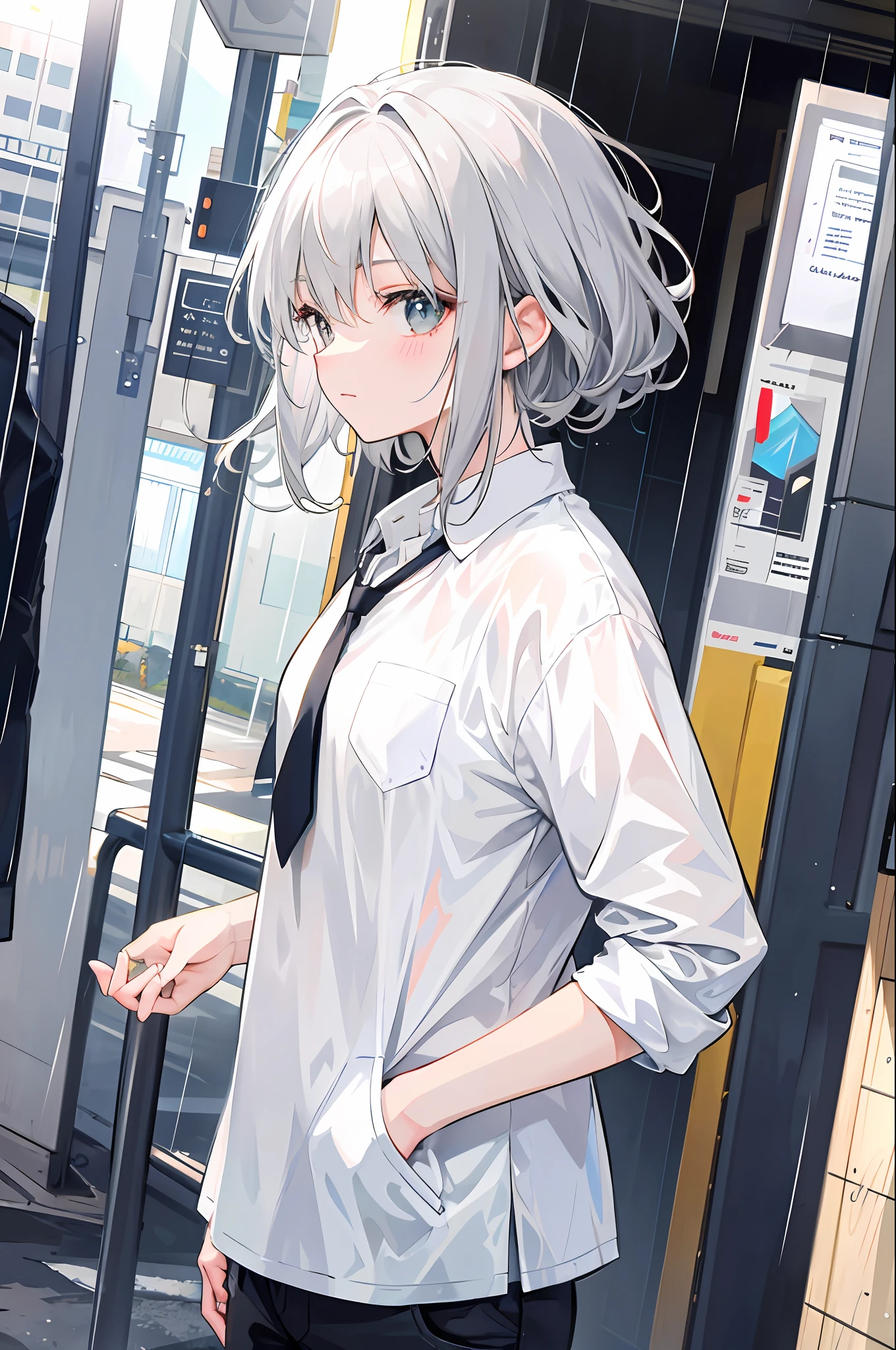 Gray hair fluttering,Light and cute,The sun is bright,Shirt in the rain,Put your hands in your pockets