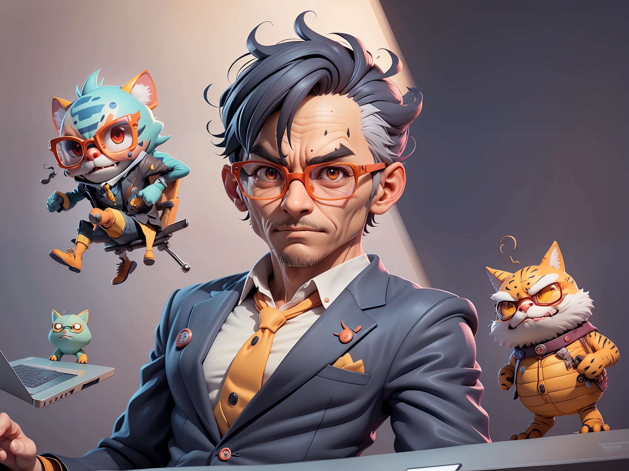 A young man in a suit, Short hair and glasses sat at his desk，holding laptop，digitial painting，tigre，3D character design by Mark Clairen and Pixar and Hayao Miyazaki and Akira Toriyama，4K HD illustration，Very detailed facial features and cartoon-style visuals。