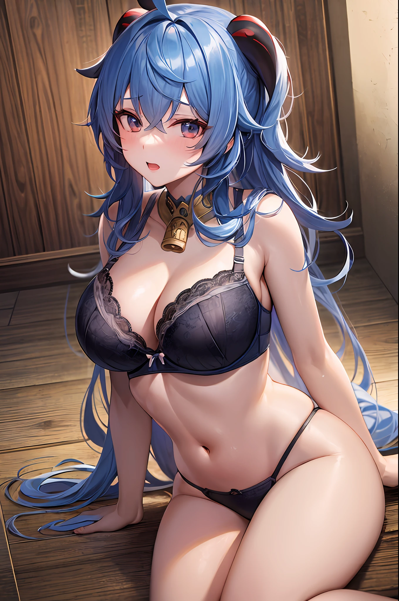 1ganyu, blue sea hair, large breasts, cleavage, navel, t-shirt, ((bra)),clothes lift, skirt, lying, full Body, sexy body ,sitting, ahegao