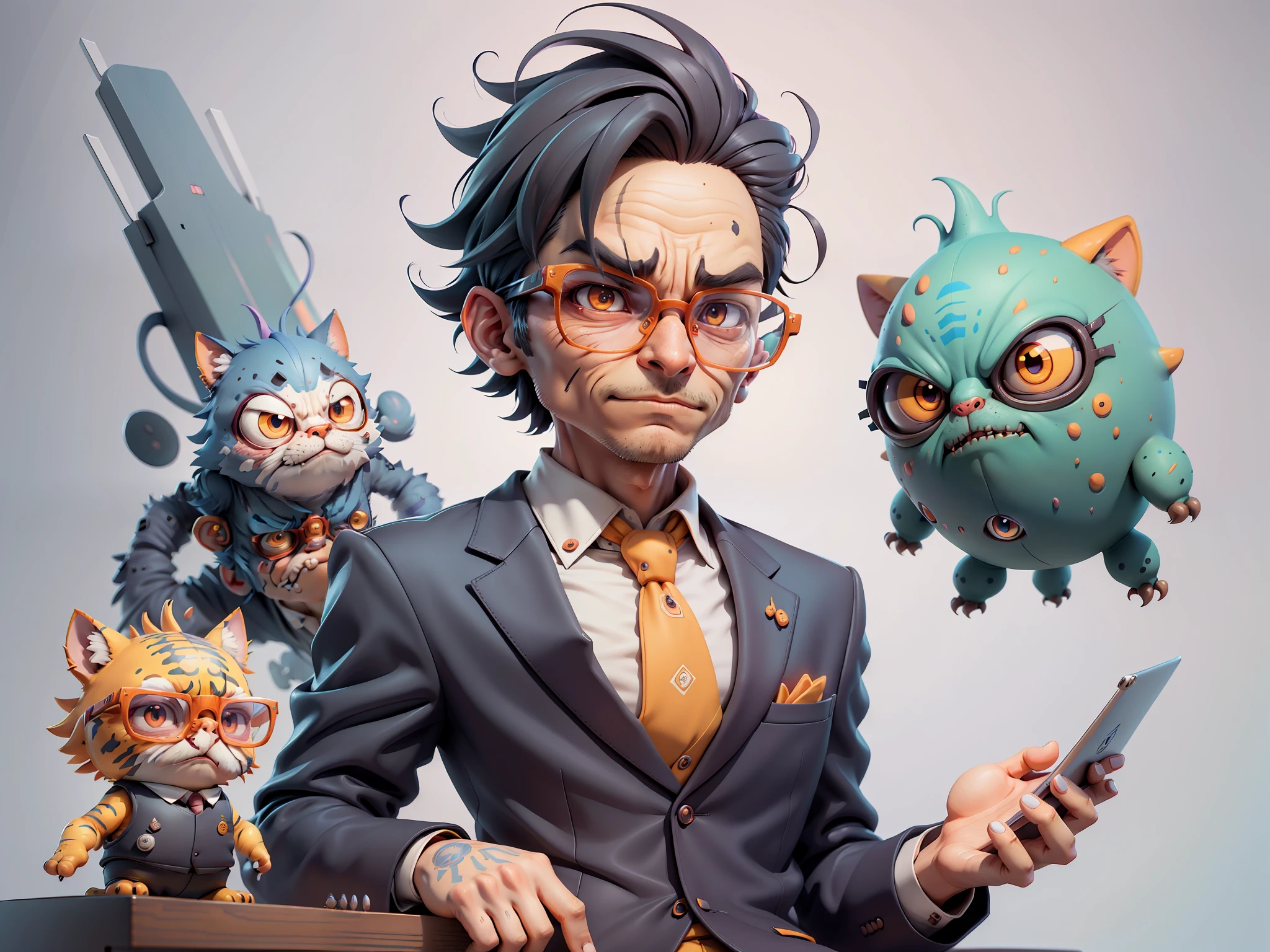 A young man in a suit, Short hair and glasses sat at his desk，holding laptop，digitial painting，tigre，3D character design by Mark Clairen and Pixar and Hayao Miyazaki and Akira Toriyama，4K HD illustration，Very detailed facial features and cartoon-style visuals。