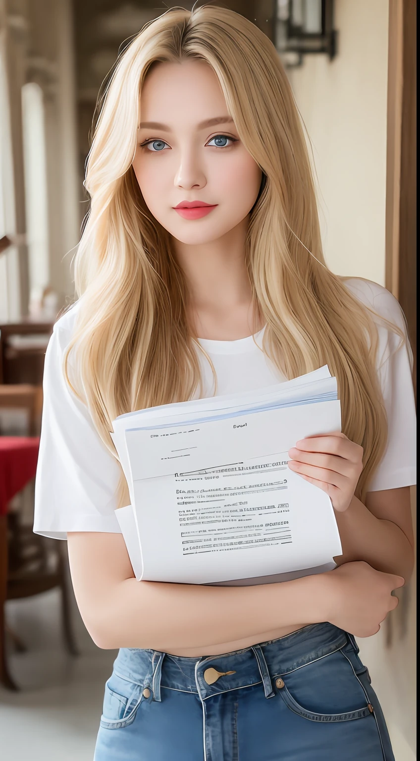 Best quality, 8K, masterpiece 1:2. A beautiful Russian girl with yellow Tshirt "BeeVN", jeans (Alluring figure), blonde hair, ocean blue eyes, high nose, luscious red lips, and a captivating smile. holding multiple letters and documents. There are many boxes of documents. Post office. ultra-detailed face, detailed lips, detailed eyes. Beautiful hand