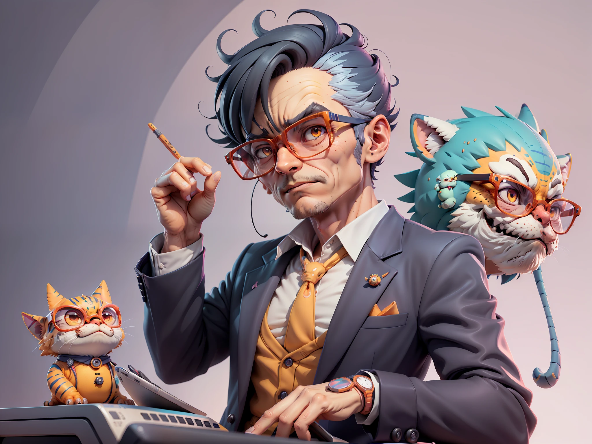 A young man in a suit, Short hair and glasses sat at his desk，holding laptop，digitial painting，tigre，3D character design by Mark Clairen and Pixar and Hayao Miyazaki and Akira Toriyama，4K HD illustration，Very detailed facial features and cartoon-style visuals。