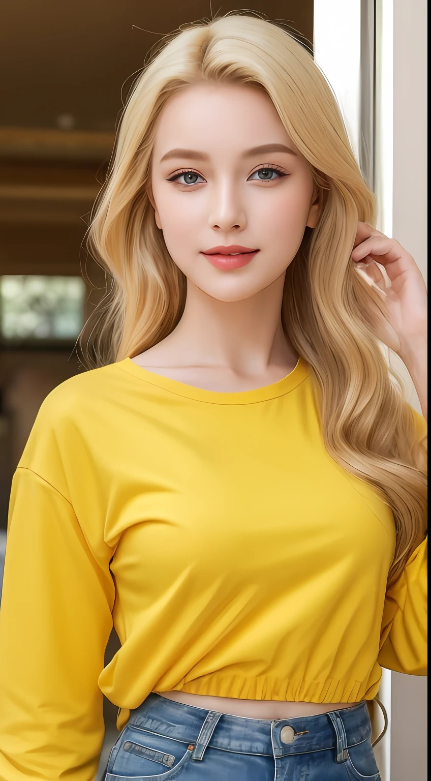 Best quality, 8K, masterpiece 1:2. A beautiful Russian girl with yellow Tshirt "BeeVN", jeans (Alluring figure), blonde hair, ocean blue eyes, high nose, luscious red lips, and a captivating smile. holding multiple letters and documents. There are many boxes of documents. Post office. ultra-detailed face, detailed lips, detailed eyes. Beautiful hand