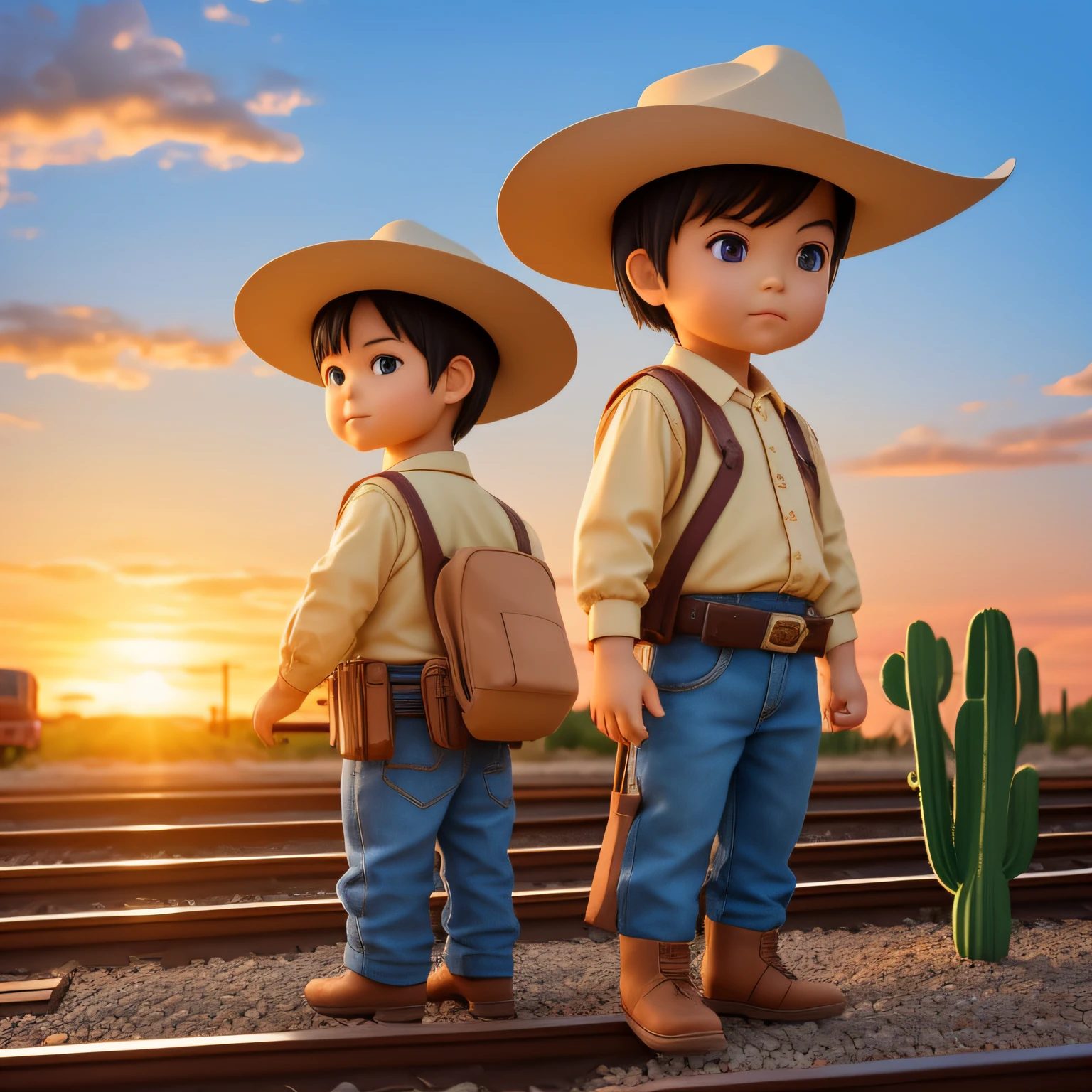 Best quality, Masterpiece, 超高分辨率, (Cartoon, illustration), (Wide angle lens), Western cowboy boy, railroad tracks: 1.3, small town, cacti: 08, Sunset: 1.2, Western comic book style, Western shotgun, Boy with toy gun, Rails in the middle of two train cars, Cowboy boy standing in the middle，Very detailed eyes，Look ahead