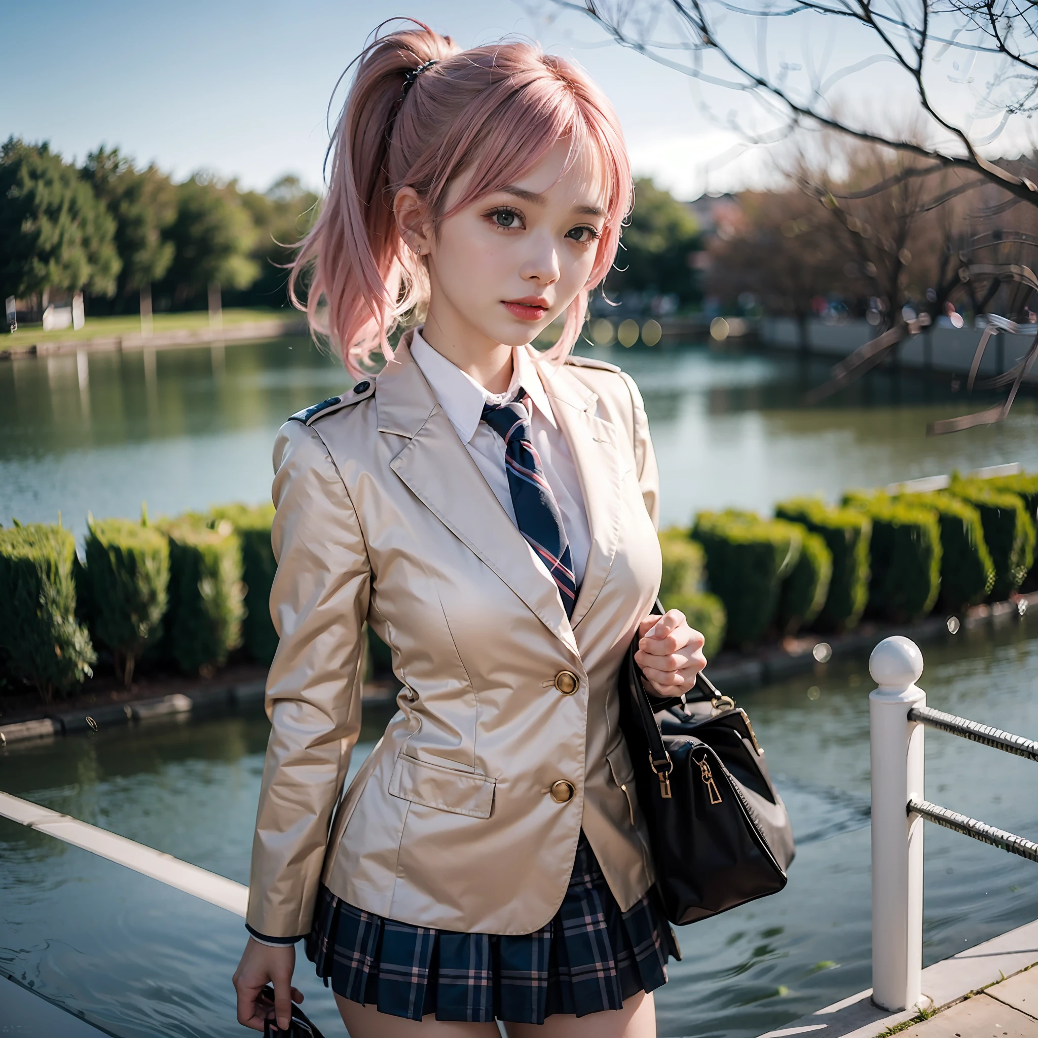 snapshot, macro shot, sexy body, perfect face, photogenic, 3D, blazer uniform, pink and white mixed hair color brown pupils, makeup, red lips, high school student, Japanese female high school uniform, real, shiny Skin, beautiful and delicate face, beautiful, delicate eyes, miniskirt, big breasts, carrying a sports bag in both hands, walking by the river bank in the evening,