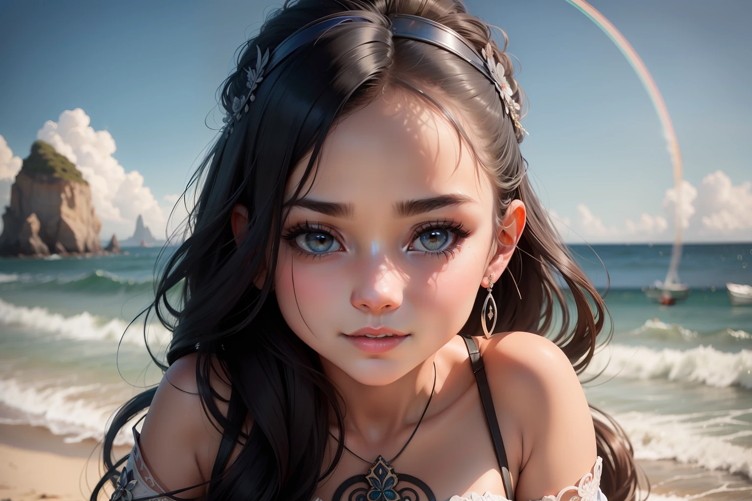 Beautiful little baby girl of 2 years, feliz e sorridente, com cabelos muito longos castanhos e levemente ondulados, de pele branca com um leve tom rosado, com olhos castanhos esverdeados, em uma linda praia ao por do sol, retrato detalhado, Complexidade intrincada, thirds rule, tinta fosca, luminescente, Artistic Station, arte conceitual, art nouveau, ilustrativos, Smooth and sharp focus Highly detailed, maximalista e realista.
