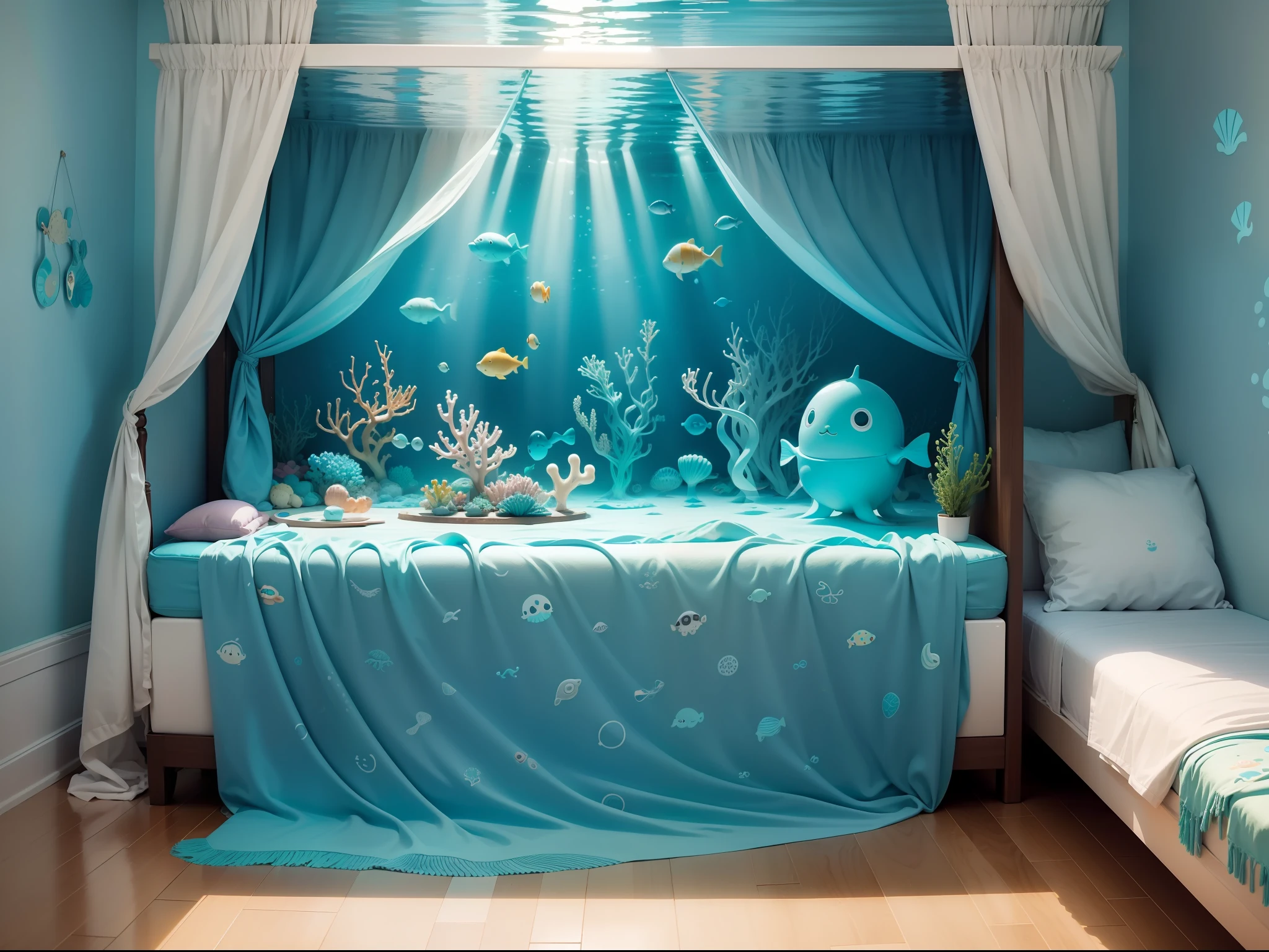 "Create a whimsical underwater paradise for your , featuring playful sea creatures, ocean-themed patterns, and a calming blue and turquoise color scheme."