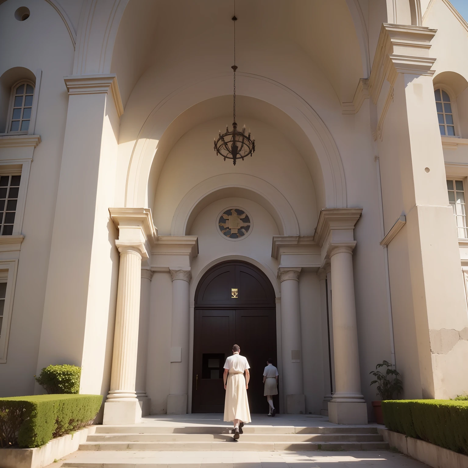 Manages church with ancient Greek architecture, In the scene the church is surrounded by garden, estacionamento, local deve ser no distrito, beige color, vermelho, amarelo e branco. People walked towards the entrance of the church.