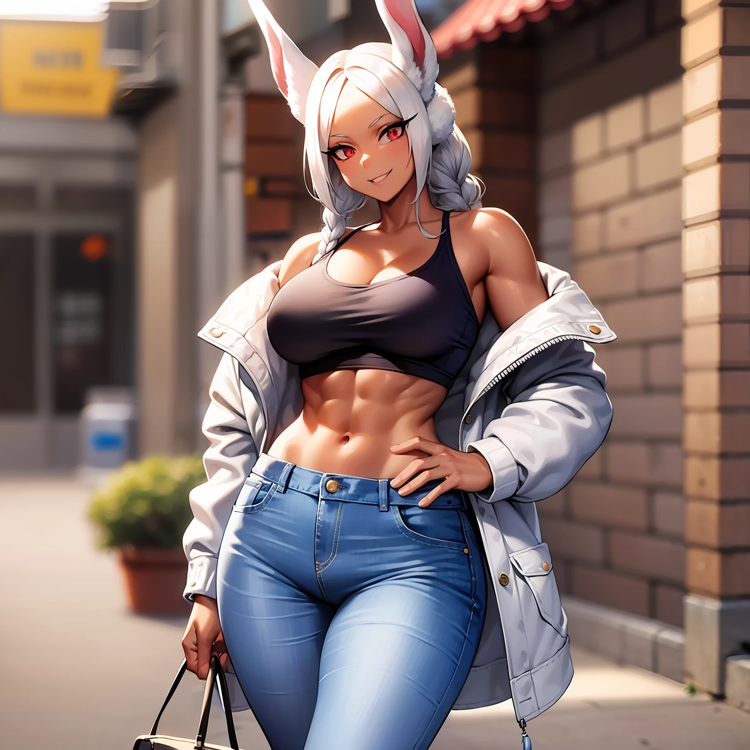 mirko mha, jeans, navel, dark-skinned female, hand in pocket, bare shoulders, long eyelashes, sandals, braided ponytail, large breasts, blurry, denim, 1girl, rabbit girl, red eyes, outdoors, off shoulder, crop top, smile, animal ears, muscular, blurry background, abs, toned, jacket, black shirt, braid, rabbit ears, looking at viewer, solo, standing, shirt, white hair, open clothes, long hair, casual, full body, pants, white jacket, dark skin, midriff