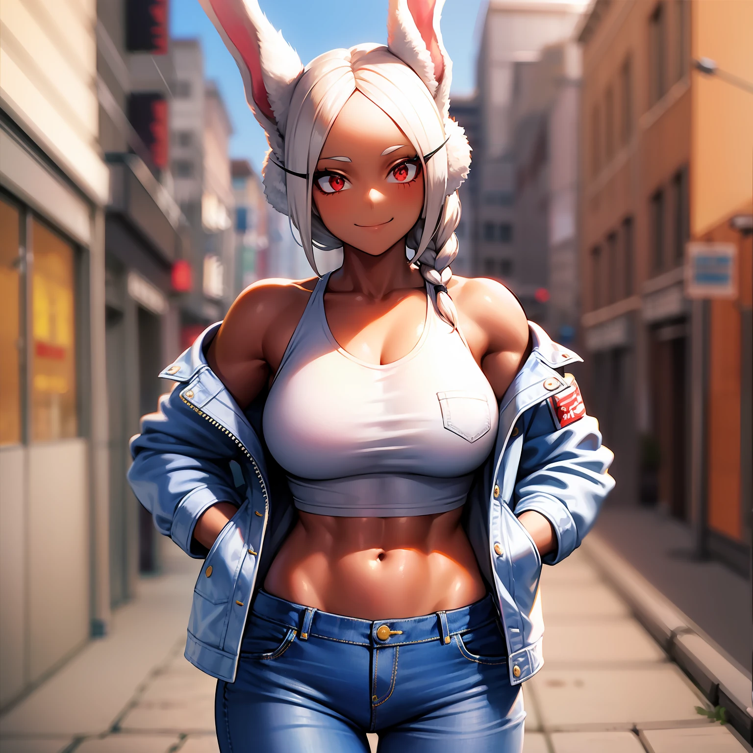mirko mha, jeans, navel, dark-skinned female, hand in pocket, bare shoulders, long eyelashes, sandals, braided ponytail, large breasts, blurry, denim, 1girl, rabbit girl, red eyes, outdoors, off shoulder, crop top, smile, animal ears, muscular, blurry background, abs, toned, jacket, black shirt, braid, rabbit ears, looking at viewer, solo, standing, shirt, white hair, open clothes, long hair, casual, full body, pants, white jacket, dark skin, midriff