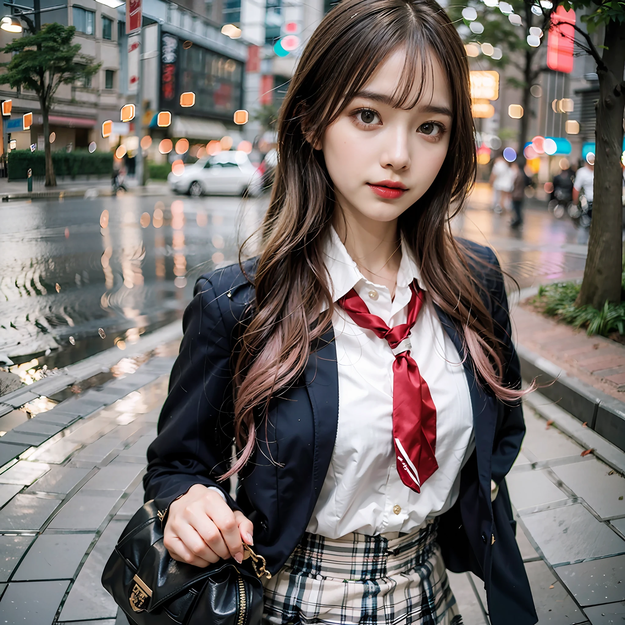 snapshot, macro shot, sexy body, perfect face, photogenic, 3D, blazer uniform, pink and white mixed hair color brown pupils, makeup, red lips, high school student, Japanese female high school uniform, real, shiny  Skin, beautiful and delicate face, beautiful, delicate eyes, miniskirt, big breasts, carrying a sports bag in both hands, walking by the river bank in the evening,