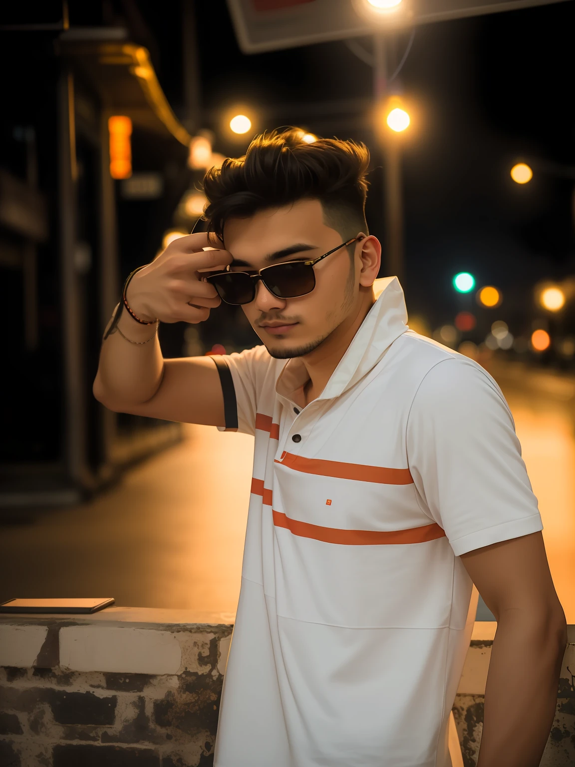 RAW photo, a portrait photo of 25 y.o man in casual clothes, night, city street, (high detailed skin:1.2), 8k uhd, dslr, soft lighting, high quality, film grain, Fujifilm XT3