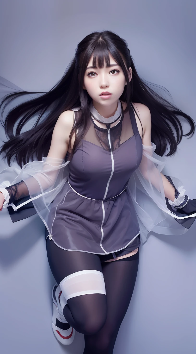 Masterpiece, highest quality, high resolution, interior, detail maniac, high definition, high quality, detailed face, detailed body limbs, detailed five fingers, 1girl, solo, Hinata Hinata, Hyuga sleeveless clothing, bed, sleeveless shirt, fishnet garment, dark lips, unzipped jacket, no bra, tong, exposed breasts, blushing, white light stockings, transparent clothes, exposed pubic hair, camel fingers,