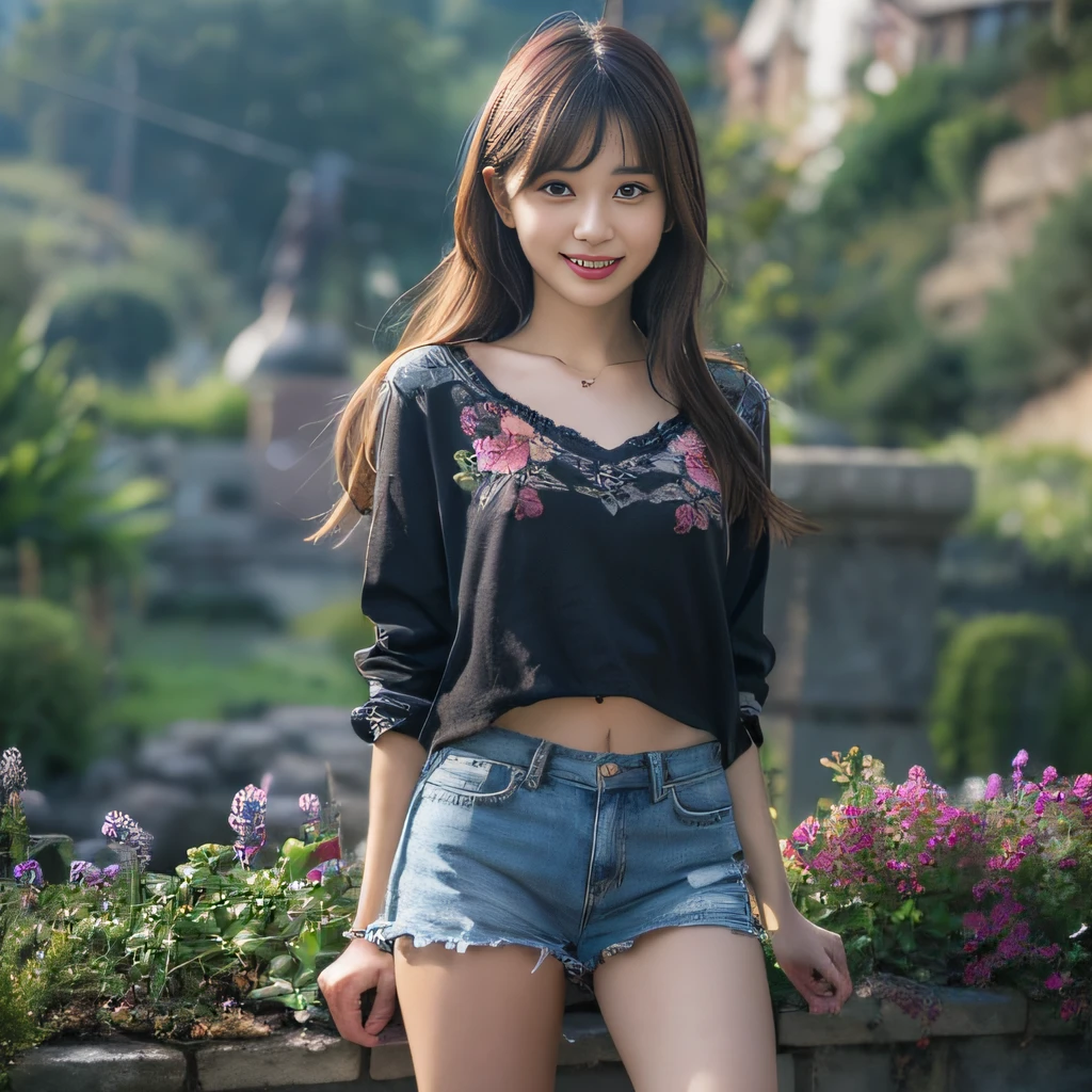 (RAW Photos: 1.2), (Photorealistic: 1.4), (Masterpieces: 1.3), (Best Quality: 1.4), Ultra High Resolution, (Detailed Eyes), (Detailed Facial Features), (Detailed Clothing Features), HDR, 8k Resolution, Solo Focus, Bangs, Skin Tightness, (Shiny Skin), (Slender Girl), Dreamy, (Extreme Detail), Commentary Confirmation, Commentary Request, Landscape, No text, Virtual Girl-Aim, 1 girl, full body, cute, innocent, (smile),