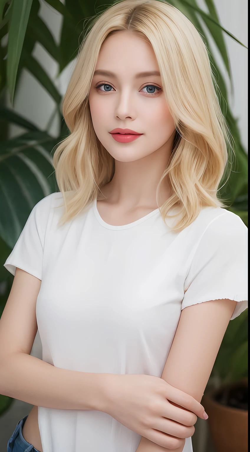 Best quality, 8K, masterpiece 1:2. A beautiful Russian girl with yellow Tshirt "BeeVN", jeans (Alluring figure), blonde hair, ocean blue eyes, high nose, luscious red lips, and a captivating smile. holding multiple letters and documents. There are many boxes of documents. Post office. ultra-detailed face, detailed lips, detailed eyes. Beautiful hand