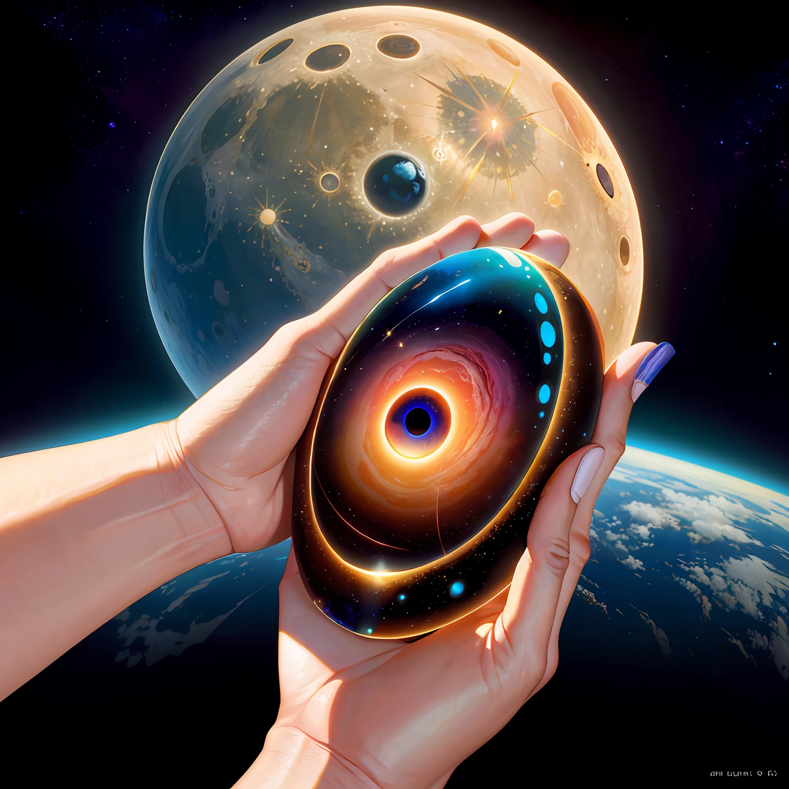 **it is a hand with oculi's eyes in the middle of a hand in the style of steve hillier, lunarpunk, childlike illustrations, cosmic visions, photo-realistic hyperbole, emek golan, exaggerated perspectives --s 50 --q 2