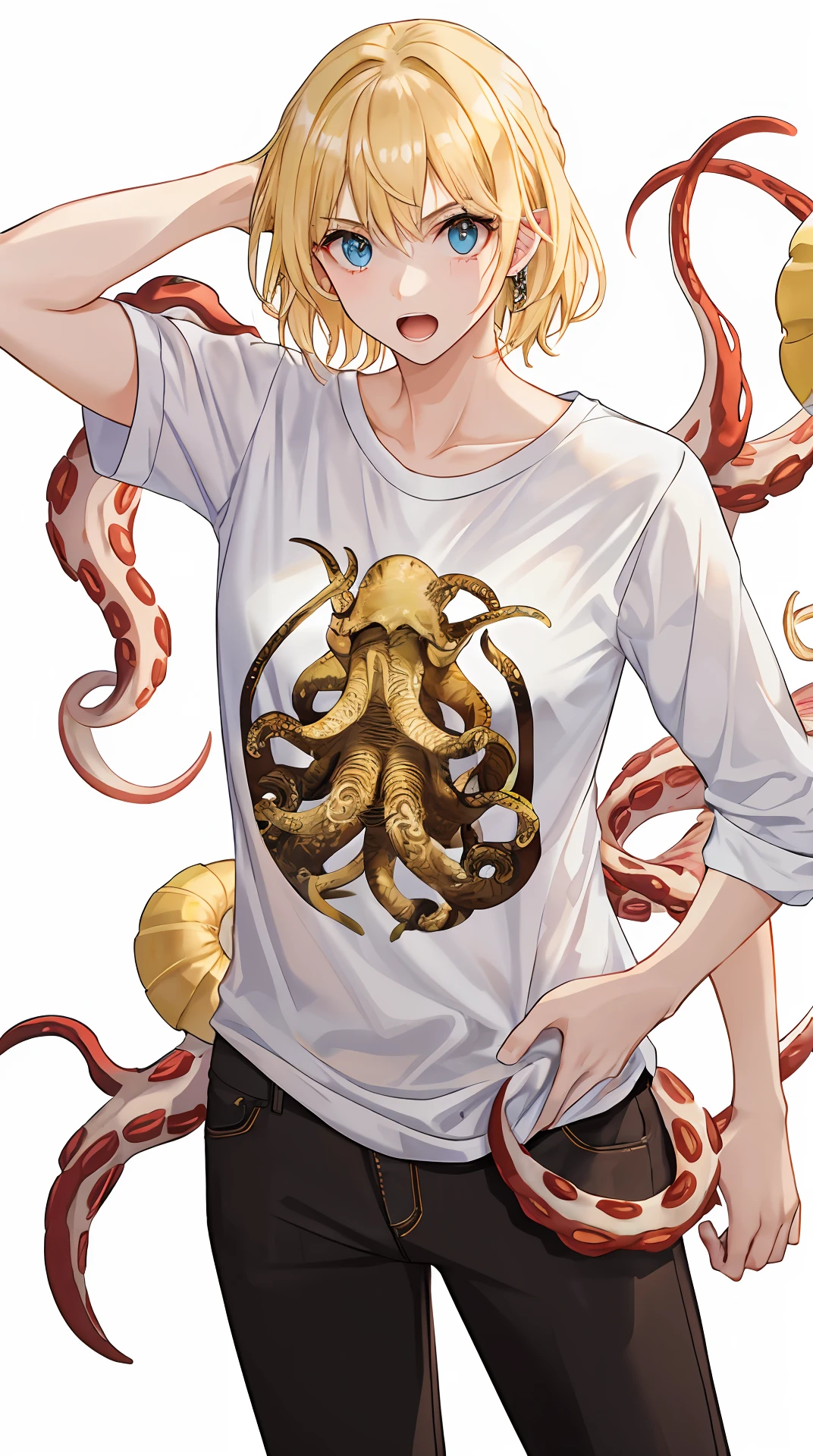 Monsters with shells,Tentacles reach into the girl's clothes,youthfulness,white shirt,golden hair,shorter pants