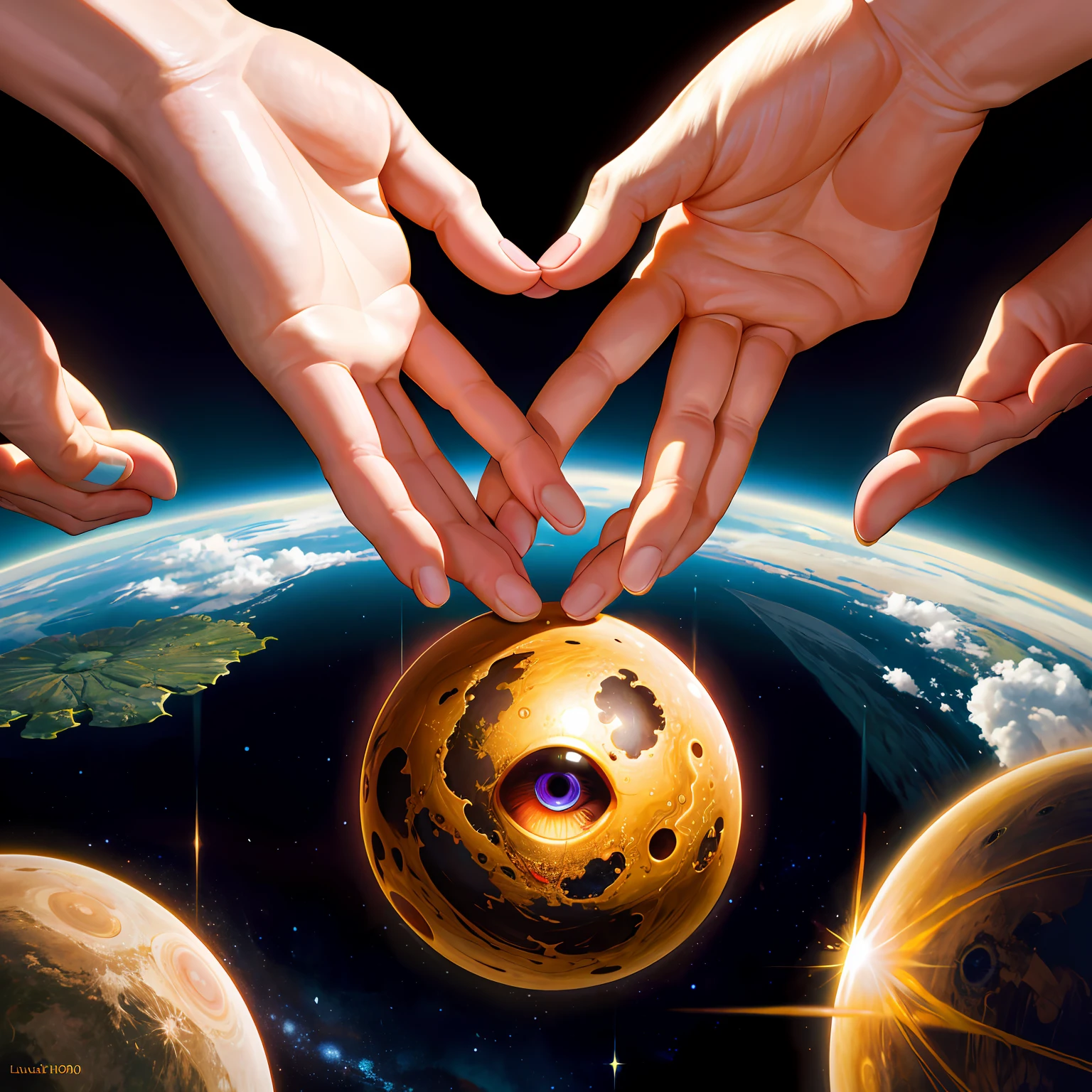 **it is a hand with oculi's eyes in the middle of a hand in the style of steve hillier, lunarpunk, childlike illustrations, cosmic visions, photo-realistic hyperbole, emek golan, exaggerated perspectives --s 50 --q 2