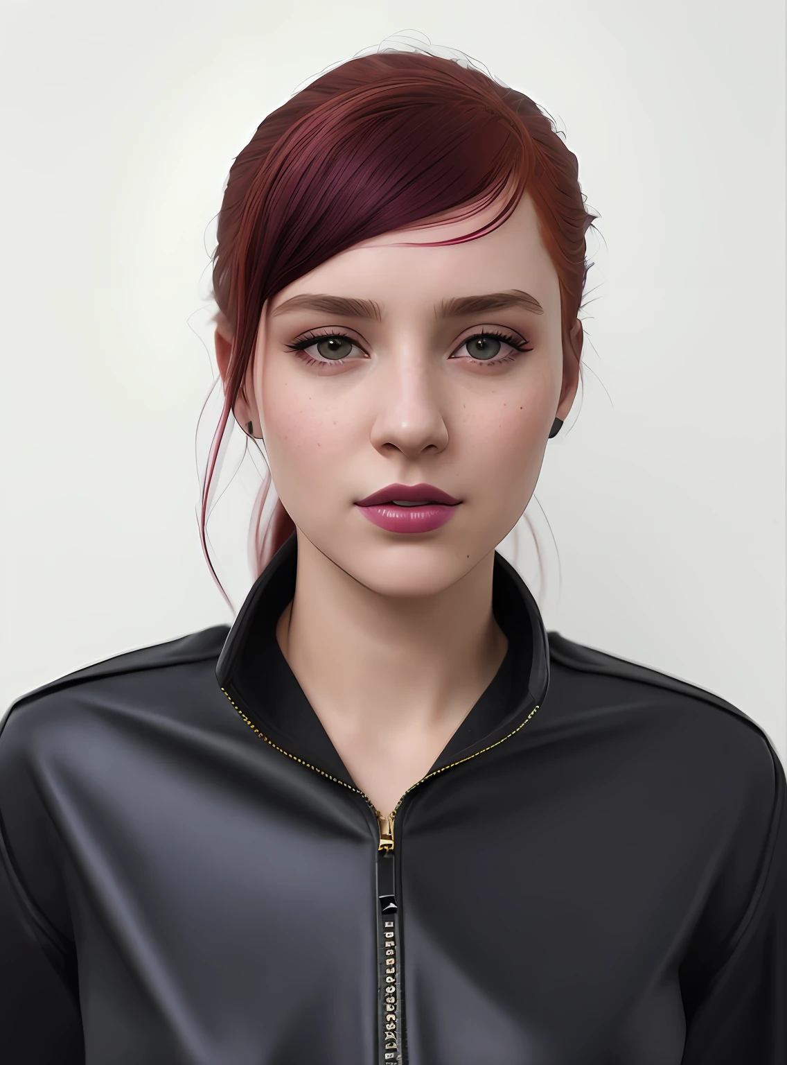arafed girl with red hair and a black jacket posing for a picture, soft portrait shot 8 k, 8k portrait render, hyper realistic style, ultra realistic portrait, portrait of ultra realistic, hyper realistic color photo, cyberpunk style, hyperrealistic, ultra detailed portrait, photorealistic portrait, realistic studio portrait, highly detailed vfx portrait