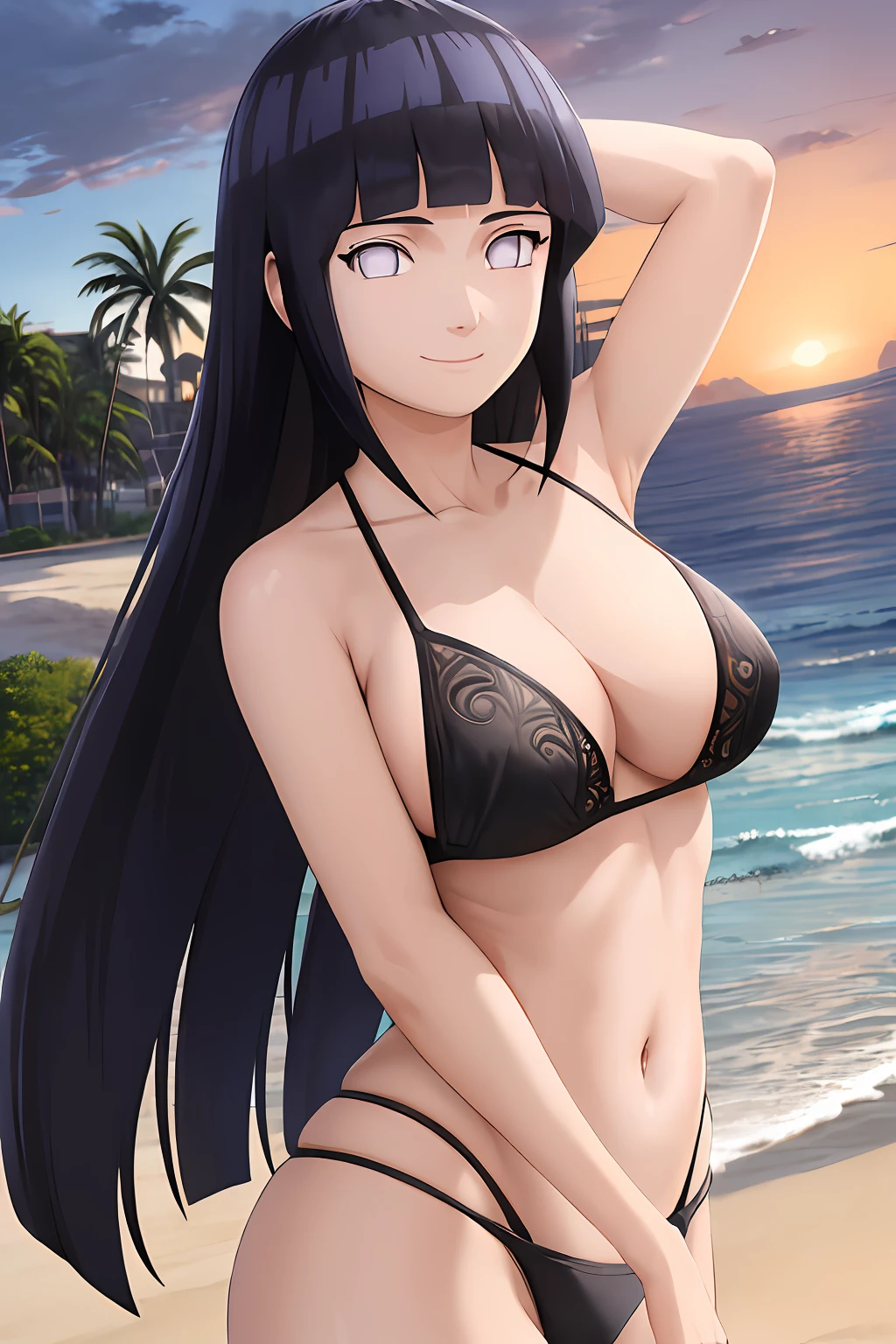 masterpiece, absurdres, 1girl, hinata\(shippuden\), solo, (intricate details), (colorful),cinematic lighting,bust shot,extremely detailed CG unity 8k wallpaper, charming smile, happy, black bikini, cloudy sky, palm tree, beach, ocean, sunlight, sand,