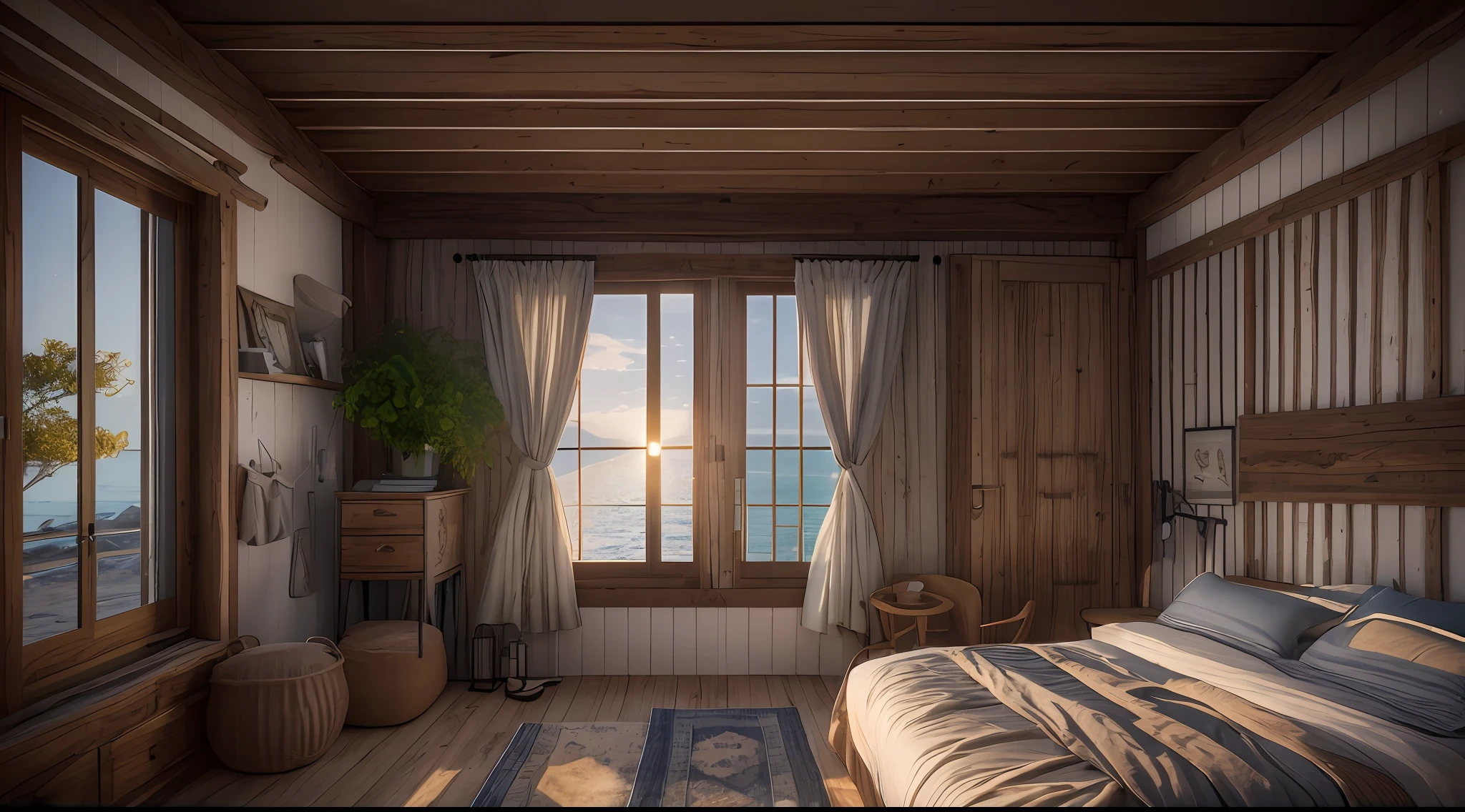 Midsummer Night、Bedroom on the second floor of a dark and relaxing beachfront house、Cottage-style décor、Very realistic, photograph, , Eye-Level Shot, first-person view, super detail, high details, high quality, 8k