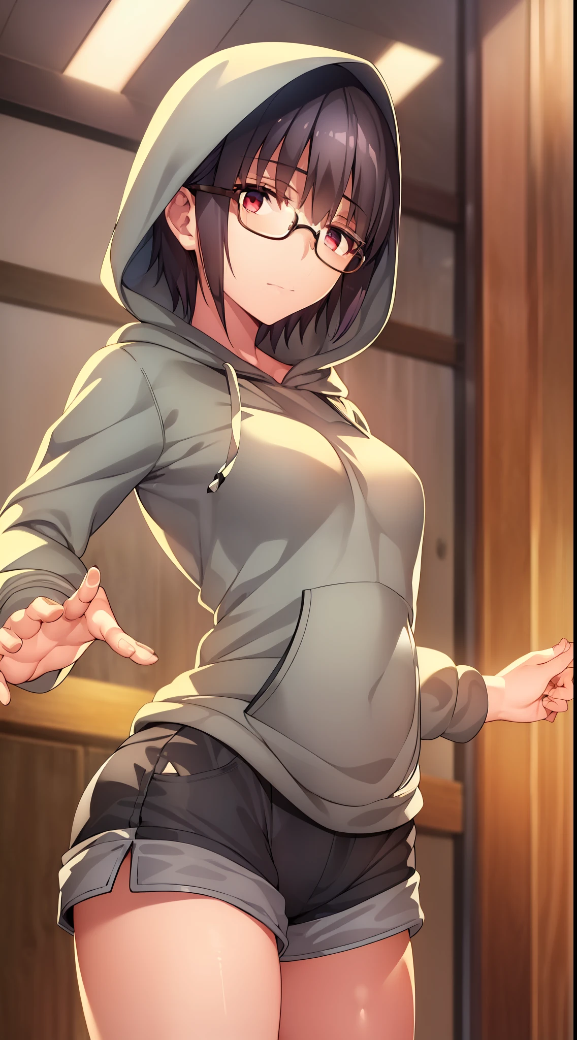 {{beautiful}}, amazing, (best quality:1.5), (masterpiece:1.5), extremely delicate and beautiful, intricate details, finely detailed, extremely detailed, beautifully detailed, ultra-detailed, (hyperdetailed:1.5), high resolution, (illustration), watercolor pencil, Clear line drawing, (ufotable style:1.1), (ufotable screen cap:1.1), anime coloring, anime screencap, (latest picture), backlighting, dynamic angle, glow, depth of field, {{body satisfaction}}, (body with a good balance of style:1.5), (slender figure:1.5), perfect body, perfect hands, perfect feet, (two arms:1.2), (two legs:1.2), (five fingers each:1.2), (perfect joint:1.2), perfect joint movement, beautiful detailed eyes, (detailed eyes:1.5), finely detailed eyes, perfect anatomy, full dissection, perfect composition, correct limbs, balance and coordination in all things, realistic:0.5, precise fingers and hands, (finely drawn hair:1.5), {{shy girl}}, (black hair:1.3), (short hair:1.3), (straight hair:1.3), bangs, (purplish red eyes:1.3), (medium breasts:1.3), (small-sized buttocks:1.3), {{hooded sweatshirt}}, (plain patterned clothes), (taking out a hem:1.2), (long-sleeved hooded sweatshirt:1.5), (dark gray shorts:1.5), (glasses:1.3),