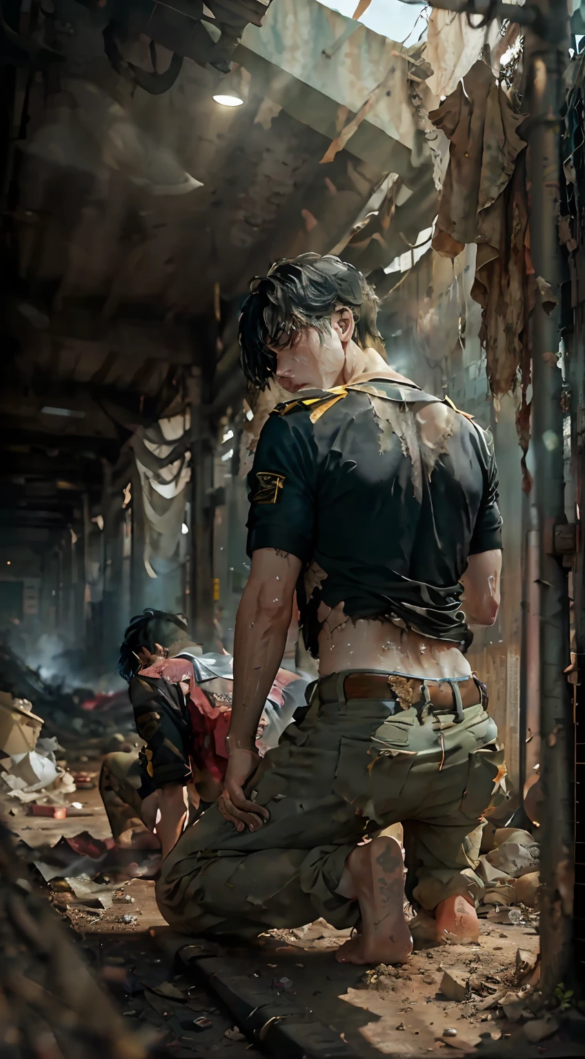 masterpiece, best_quality, 1boy, solo, beautiful military kneeling on his back on the battlefield tired, dirty, very dirty body, dirty with dust,with torn clothes, clothes in pieces, scraps of clothing, sweat, excessive sweat, sweaty body, drops of sweat by the body, hairy, hair appearing, hair showing, barefoot, sweaty feet, dirty soles, sweaty soles, pov feet, black hair, back