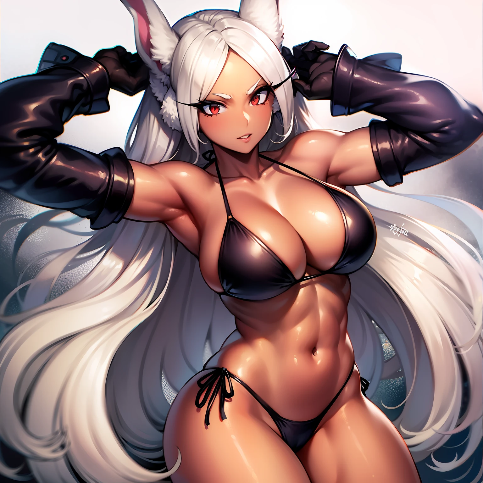 mirko mha, navel, swimsuit, dark-skinned female, parted lips, large breasts, 1girl, rabbit girl, red eyes, collarbone, black bikini, simple background, white background, thick thighs, animal ears, rabbit ears, looking at viewer, solo, white hair, long hair, very long hair, bikini, dark skin, cleavage, thighsfree style