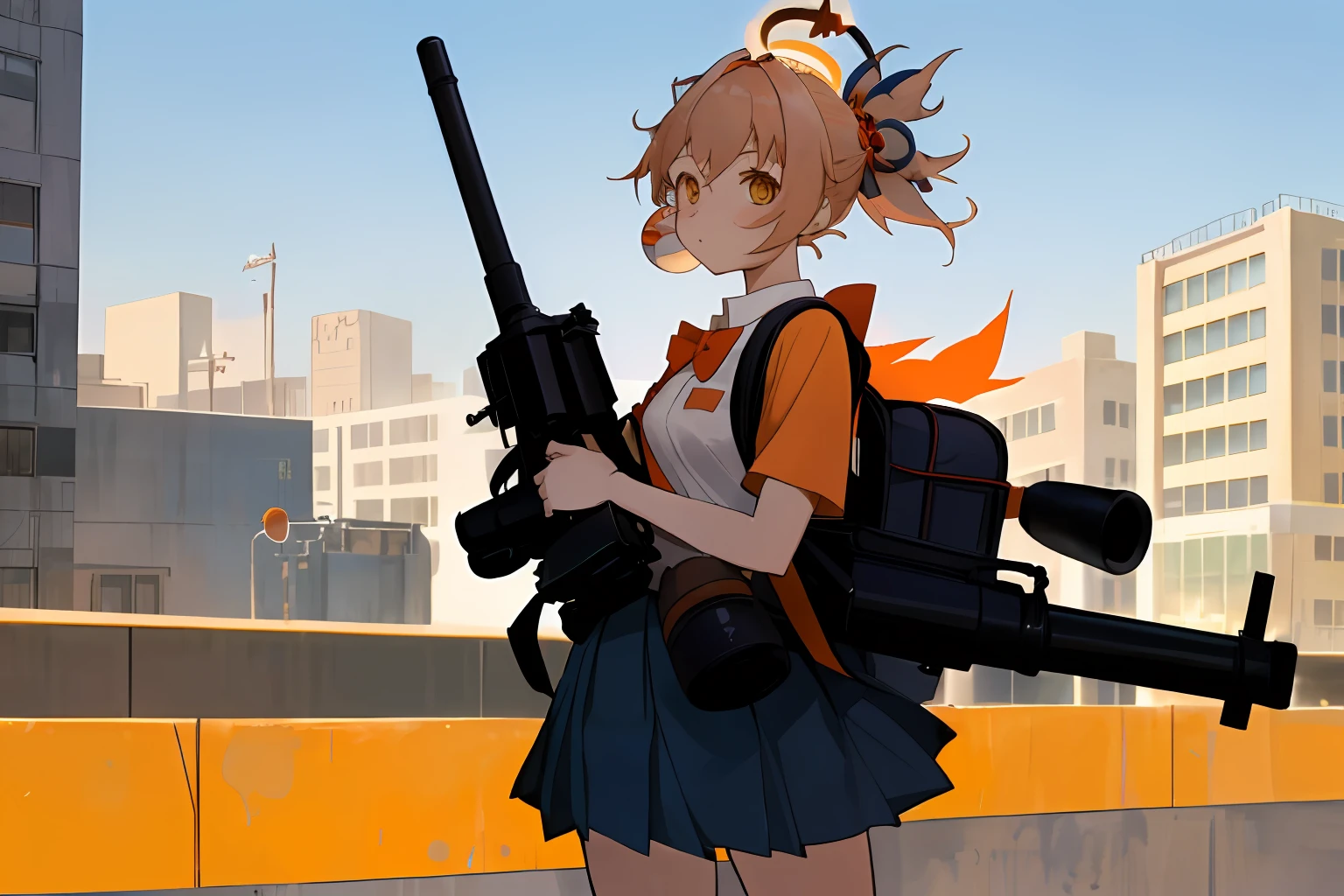 "1 girl, Yoimiya wearing a school uniform, with an orange halo on her head, holding a minigun, carrying a cute white backpack on her back, against the backdrop of a vibrant deep blue sky in a modern city, reminiscent of the world of Blue Archive, surrounded by buildings of Kivotos."