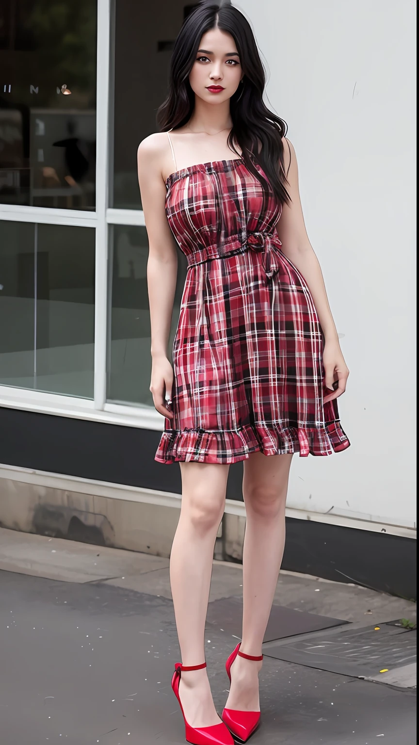 (printed plaid dress),(bare shoulders),1 girl,(full body),(stiletto heels),(short hair:1.1),(realistic:1.7),((best quality)),absurdres,(ultra high res),(photorealistic:1.6),photorealistic,octane render,(hyperrealistic:1.2), (photorealistic face:1.2), (8k), (4k), (Masterpiece),(realistic skin texture), (illustration, cinematic lighting,wallpaper),( beautiful eyes:1.2),((((perfect face)))),(cute),(standing),(smile:0.9),(black hair),(long hair),black eyes,red lips, (outdoors),