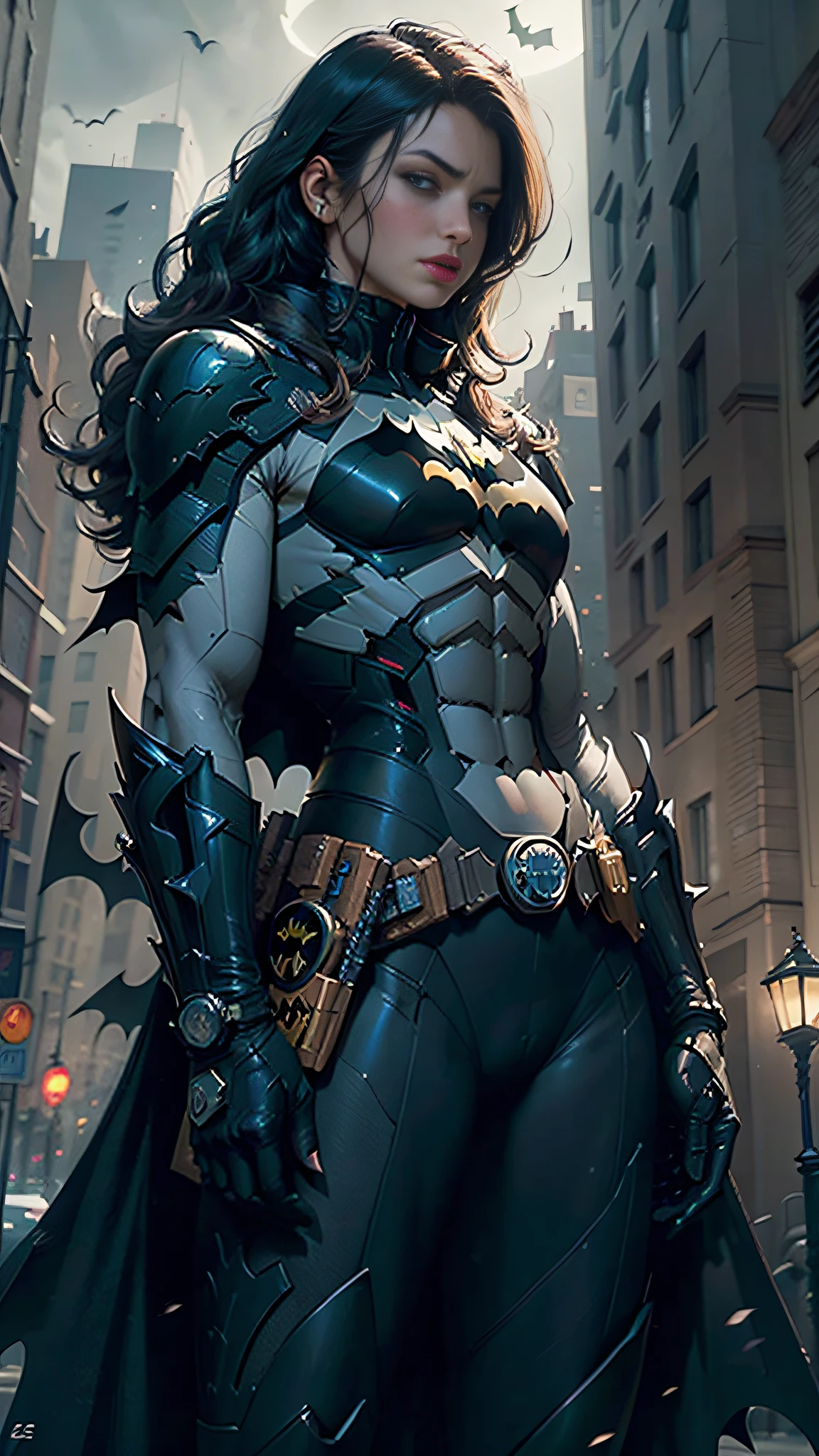 (extremamente detalhado CG unidade 8k wallpaper), a arte mais bonita do mundo, 1girl, parte superior do corpo, Batman em um traje futurista em frente a uma cidade, Do filme Batman, em Batman : Cavaleiro Arkham, Filme ainda do Batman, Dwayne Johnson como Batman, Retrato do Batman, O Batman, Batman, Mecha do Batman, Retrato de Batman, in batman movie still cinematic, Arkham, Cidade de Arkham, Anigirl Batman, Dwayne Johnson como Homem-Aranha, Dark Knight, em Batman