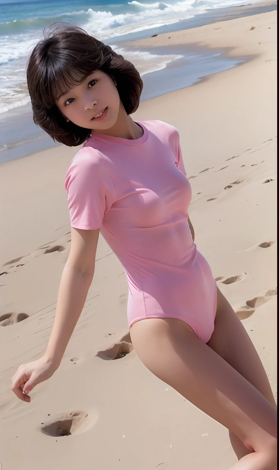 (Raw foto:1.2), Beautuful Women, hight resolution, top-quality, (The sheen、Pink short sleeve bodysuit)、sand beach