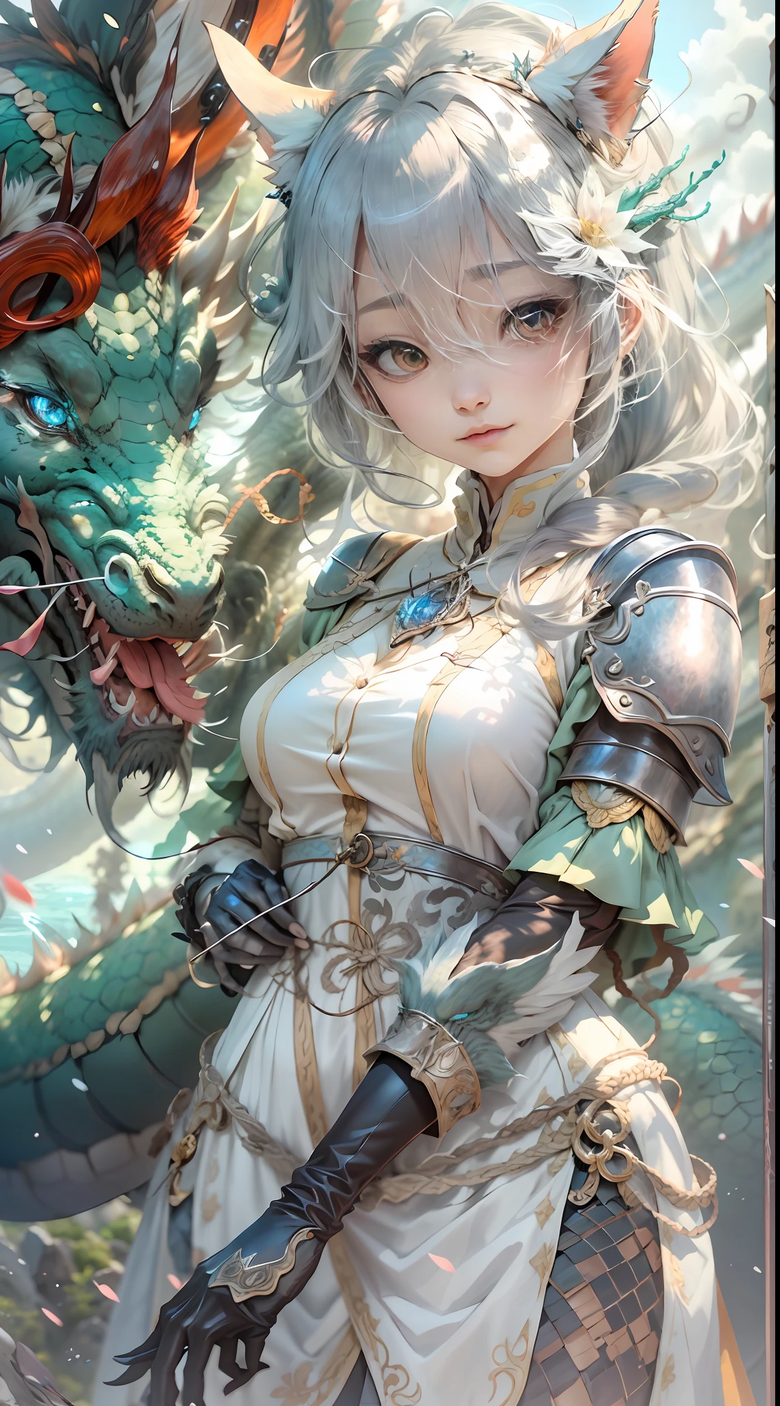 Dragon Guardian Girl,(Dragon trainer),(Girl with gray hair,pony tails,Red ribbon hair),Beautiful facial features,Delicate facial features,bound waist,White dragon scale armor,(Scepter in hand,The scepter glows)。Behind the girl,((The dragon is in the sky,腾云驾雾))。stormy sea。The spectacle is spectacular。