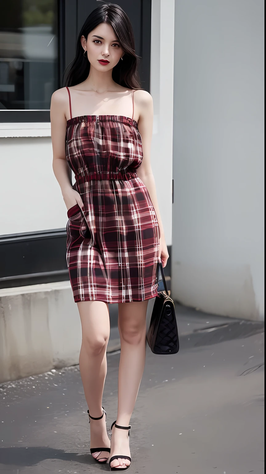 (printed plaid dress),(bare shoulders),1 girl,(full body),(stiletto heels),(short hair:1.1),(realistic:1.7),((best quality)),absurdres,(ultra high res),(photorealistic:1.6),photorealistic,octane render,(hyperrealistic:1.2), (photorealistic face:1.2), (8k), (4k), (Masterpiece),(realistic skin texture), (illustration, cinematic lighting,wallpaper),( beautiful eyes:1.2),((((perfect face)))),(cute),(standing),(smile:0.9),(black hair),(long hair),black eyes,red lips, (outdoors),