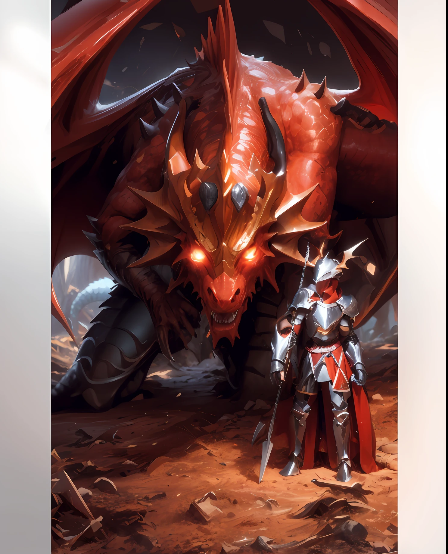 There is a red dragon with a knight on the side, Dragon Knight, draconic looking armor, the devil in hell as a dragon, Dragon armor, Hiper-realista D & d fantasy art, dragon in the background, fantasy inspired dragon armor, demonic dragon inspired armor, dragon in dragon lair, Drachenlord, dragon inspired armor, charging through a dragons lair,), cinemactic, hiper-detalhado, detalhes insanos, Lindamente colorido, Motor irreal, DOF, Super-Resolution, Megapixel, cinematographic lightning, antialiasing, FKAA, TXAA, RTX, SSAO, Post processing, post - production, Mapeamento de Tons, ..cgi, VFX, SFX, Insanamente detalhado e intrincado, Hiper maximalista, hyper realistic, volumetric, fotorrealista, ultra fotorreal |, ultra-detalhado, detalhes intrincados, 8k, super detalhado, Colouring, Volumetric lightning, HDR, Realistic, Motor irreal, 16k, foco nítido, Octane render ,Retrato de Arnold Schwarzenegger shaka , detalhes intrincados, perfect features, Dramatic, Cinematic lighting, Highlight lighting, SSAA, smooth rendering, no noise --testp --ar 2:3 --video --no lazy prompts --v testp