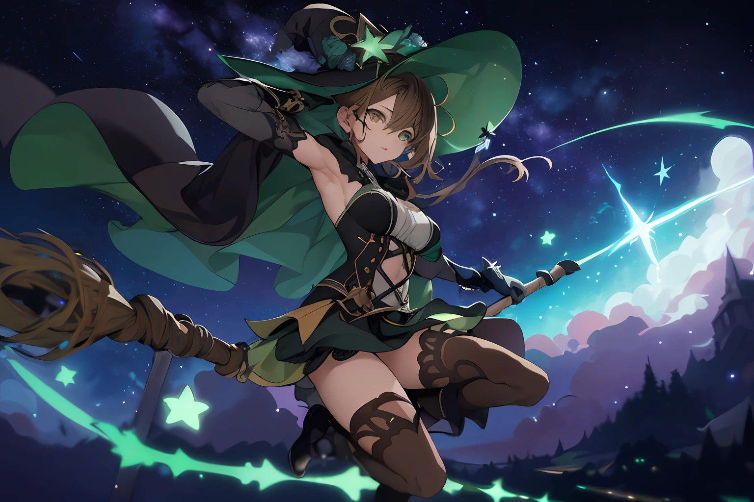 bruxa, cabelos marrons , olhos verdes, roupas pretas, Flying through the skies on a broom, olhando as estrelas, lua no fundo, best quality, masterpiece, 4k, good anathomy