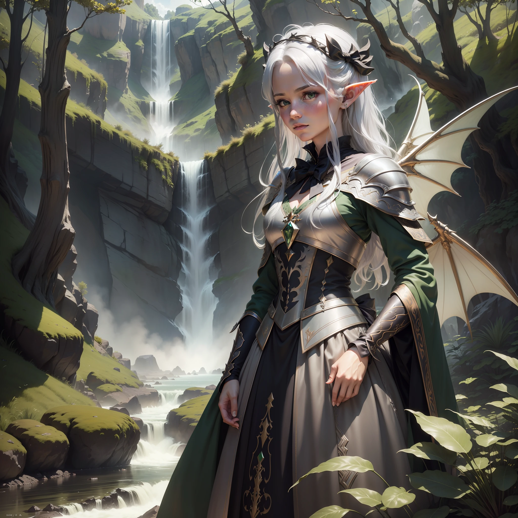 (Dragon Valley)(Riyadh), Silver hair, photorealistic portrait, 4K, highest details, highly detailed, bow and arrows,wings,Smoothness, tack sharp focus, cinmatic lighting, facing at the camera, Primeval forest,waterfallr,edge lit, twotonelighting, Beautiful,liberta,freshen,green color,the elf