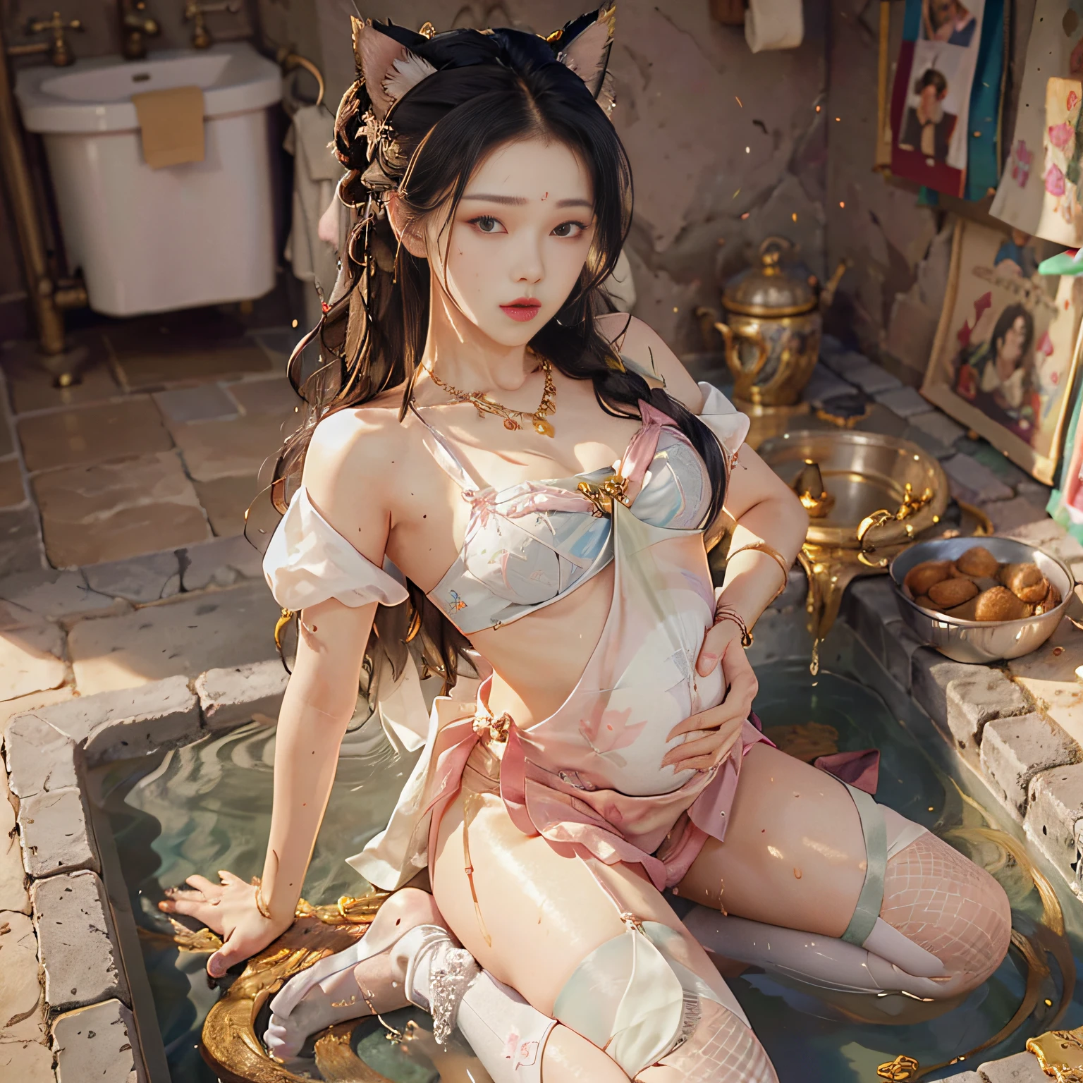 hyper-realistic), (illustration), (high resolution), (32K), (extremely detailed), (best illustration), (beautiful detailed eyes), (best quality), (ultra detailed), (masterpiece), ( wallpaper), (detailed delicate face), solo, pee yourself, pee on legs, surrounded by other people, highly detailed face and skin texture, detailed eyes, double eyelids, twisted braid with ball head with hairpins, large round frame glasses, wearing pink tulip fairy sweet pure lust lace print embroidery to see throughout, head with cat ears, split legs kneeling, nervously bowed head, shy, embarrassed provoked and shocked, standing legs open, on the dry men's toilet floor, a small pool of her own urine is forming around her feet, very desperate to urinate, pee, wet yourself, urination, tears, fear, despair, panic, high detail, ballet dancing with a big belly in pregnant October, feet in ballet shoes, (dynamic pose), 1 girl, white wavy hair on the toilet bowl, Korean, heterochromia, small moles under the eyes, ( (apron), big breasts, long legs, tight abs, gold and silver jewelry, (camel toe), (fishnet socks), (no panties), (no bra)