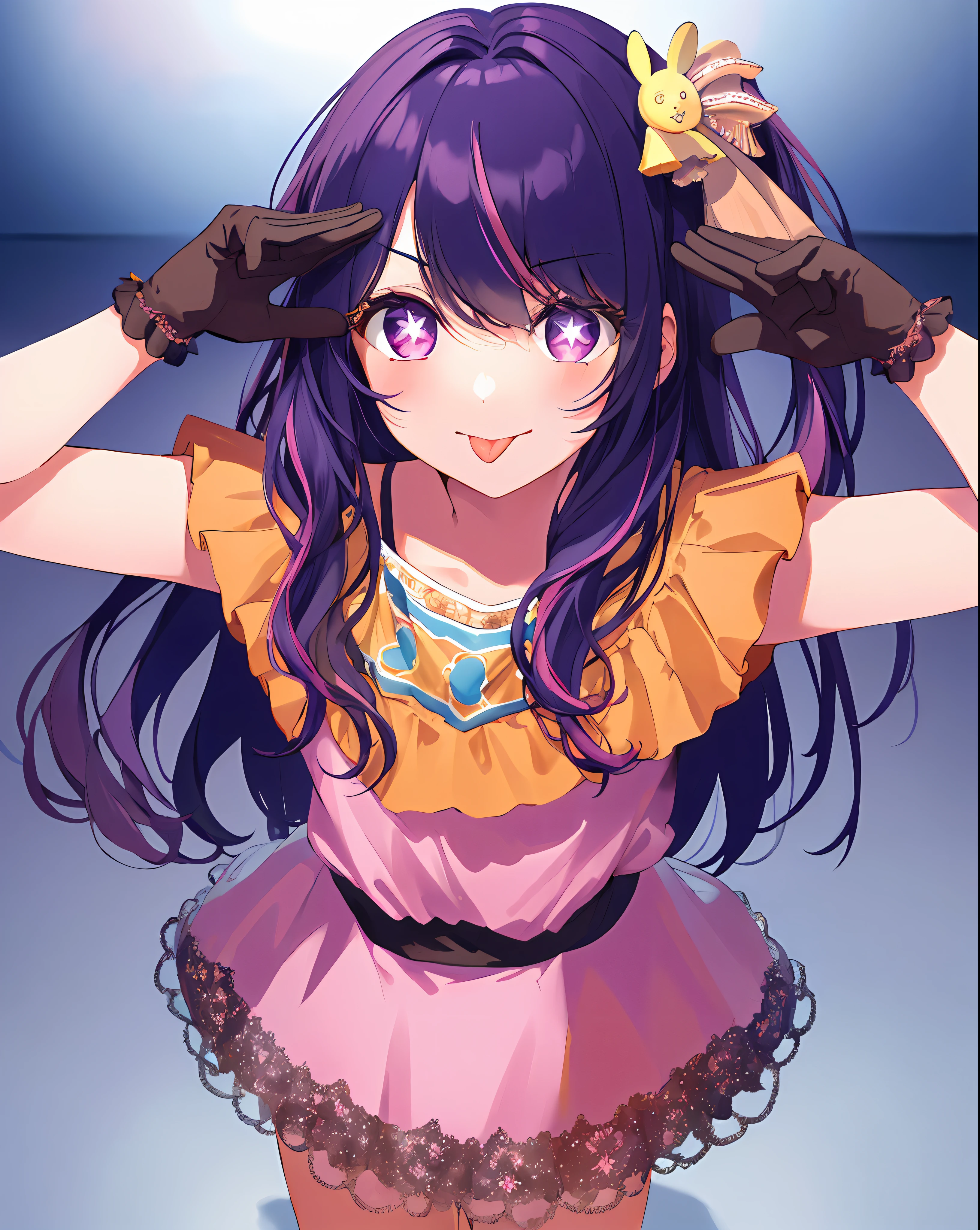 1girl, full body, cowboy shot,
(Rembrandt), illustration, (masterpiece), (best quality), (ultra_detailed), finely detail, (Depth of field),
HshinoAi,gloves, tongue out, tongue, long hair, star \(symbol\), looking at viewer, (purple hair:1.2), purple eyes, upper body, hair ornament, :p, frills, pink shirt, smile, sleeveless, shirt, idol, symbol-shaped pupils, hands up, bangs, one side up, star-shaped pupils, arms up,
dress pull,
Roaring Twenties, isometric, from above, sky, flower, cliff,