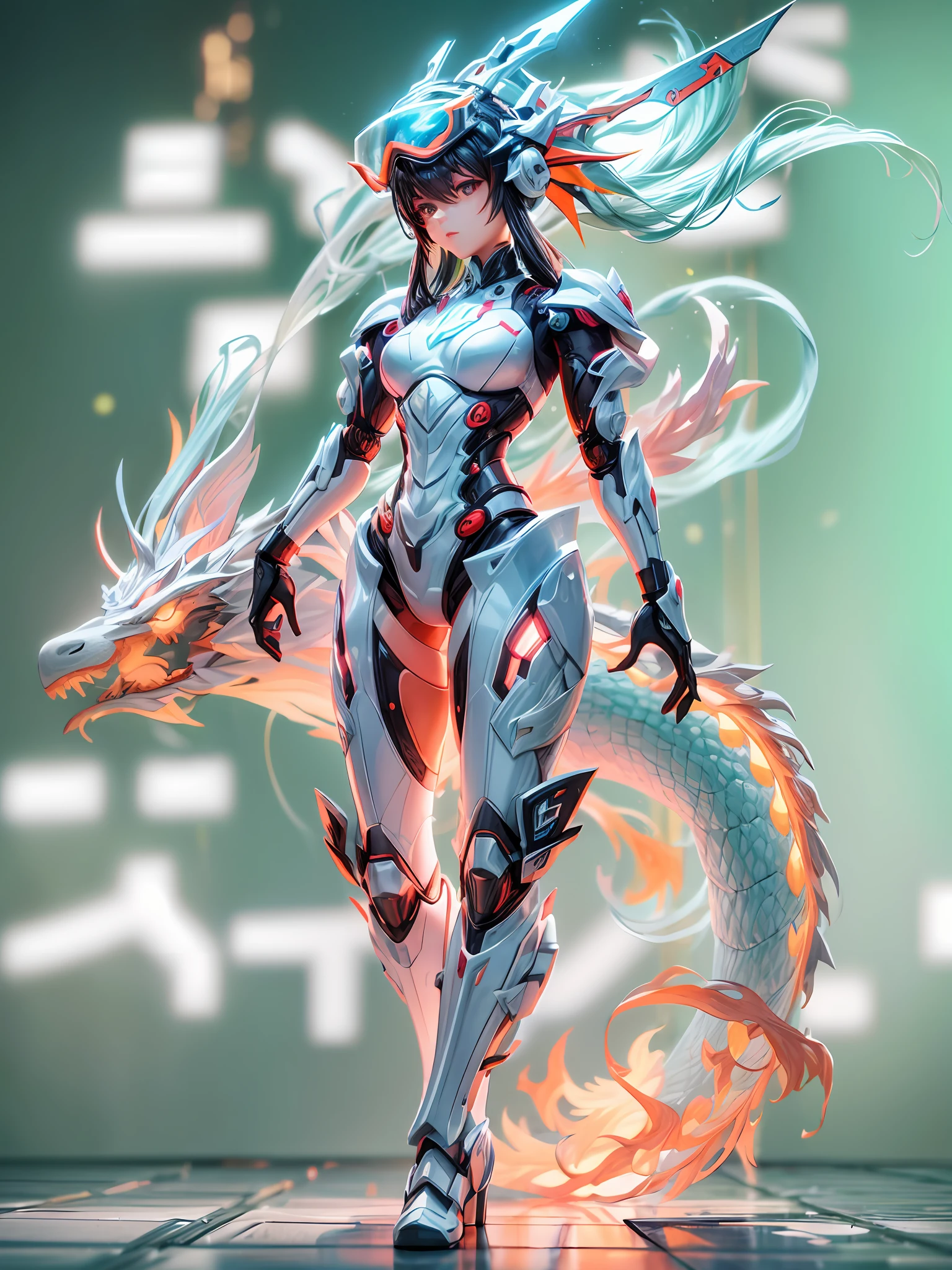 chinesedragon, (blind box toy style:1.2), (Full Body Shot) , 1 Transparent girl,Behind him is a transparent and Chinese dragon, Transparent mecha, Exquisite Helmet:1.2, glowing goggles:1.2, Cyberpunk, Dreamy Glow, Luminous neon lamp, clean, white background, ( Global illumination, raytracing, HDR, unreal render,reasonable design, high detailed, masterpiece, best quality, UHD, Cinematic Lighting)