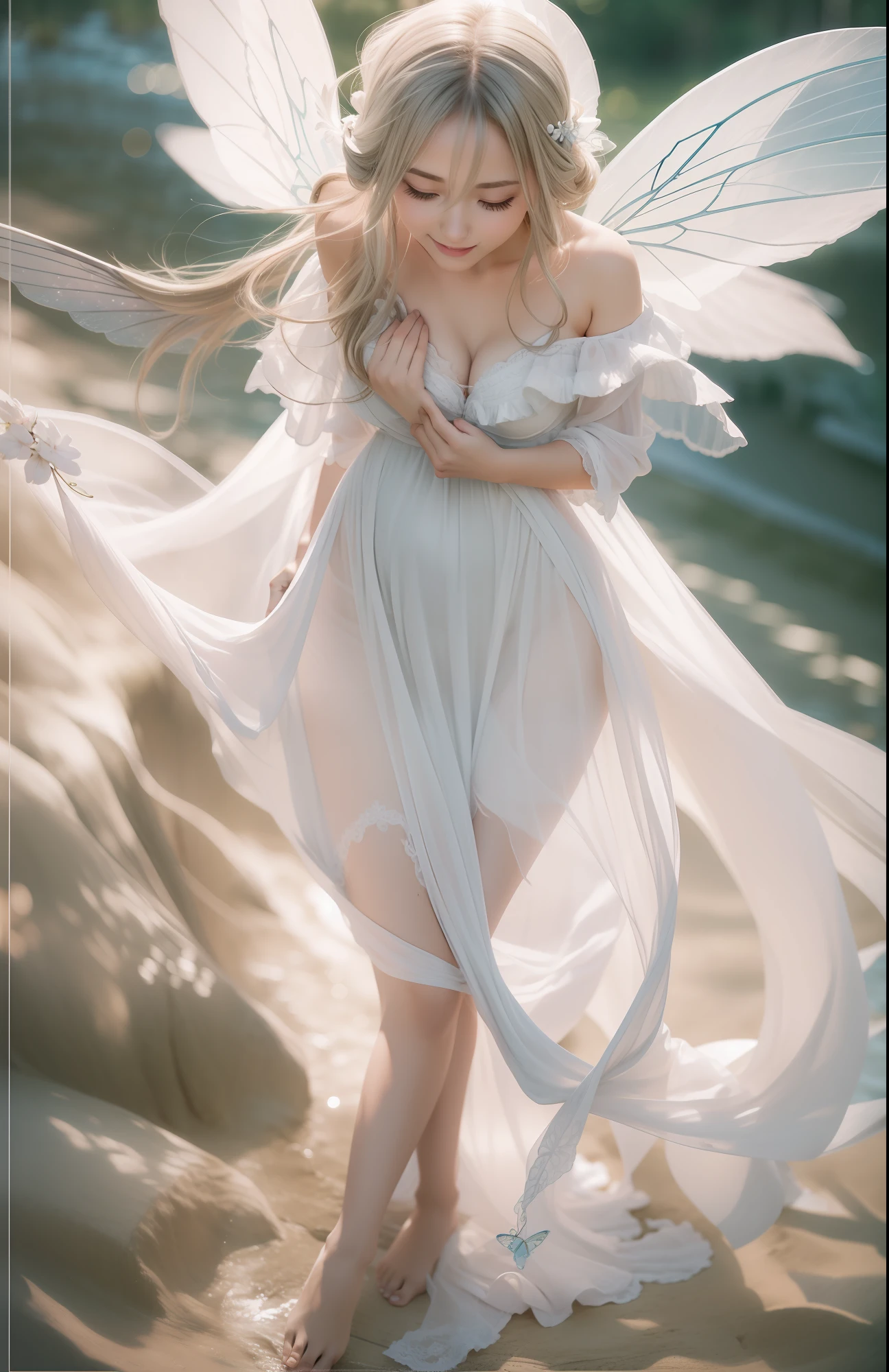 being thin、Photo of gorgeous 20-year-old Finnish fairy wearing (White flowing dress:1.2) And (Delicate fairy wings:1.2), Grinning, (looking in camera:1.1), (Sateen:1.1), On the beautiful seaside:,, masutepiece, Barefoot, (Natural lighting:0.8), 8K, ((Realistic)), F/1.1, , the woods、covering the navel、hiding breast、Hide legs、(Curvaceous)femele(flawless skin:1.11)And(teats:1.1)、A smile、full body Esbian、Beautiful standing figure、Sea Fairy、Beautiful summer sky