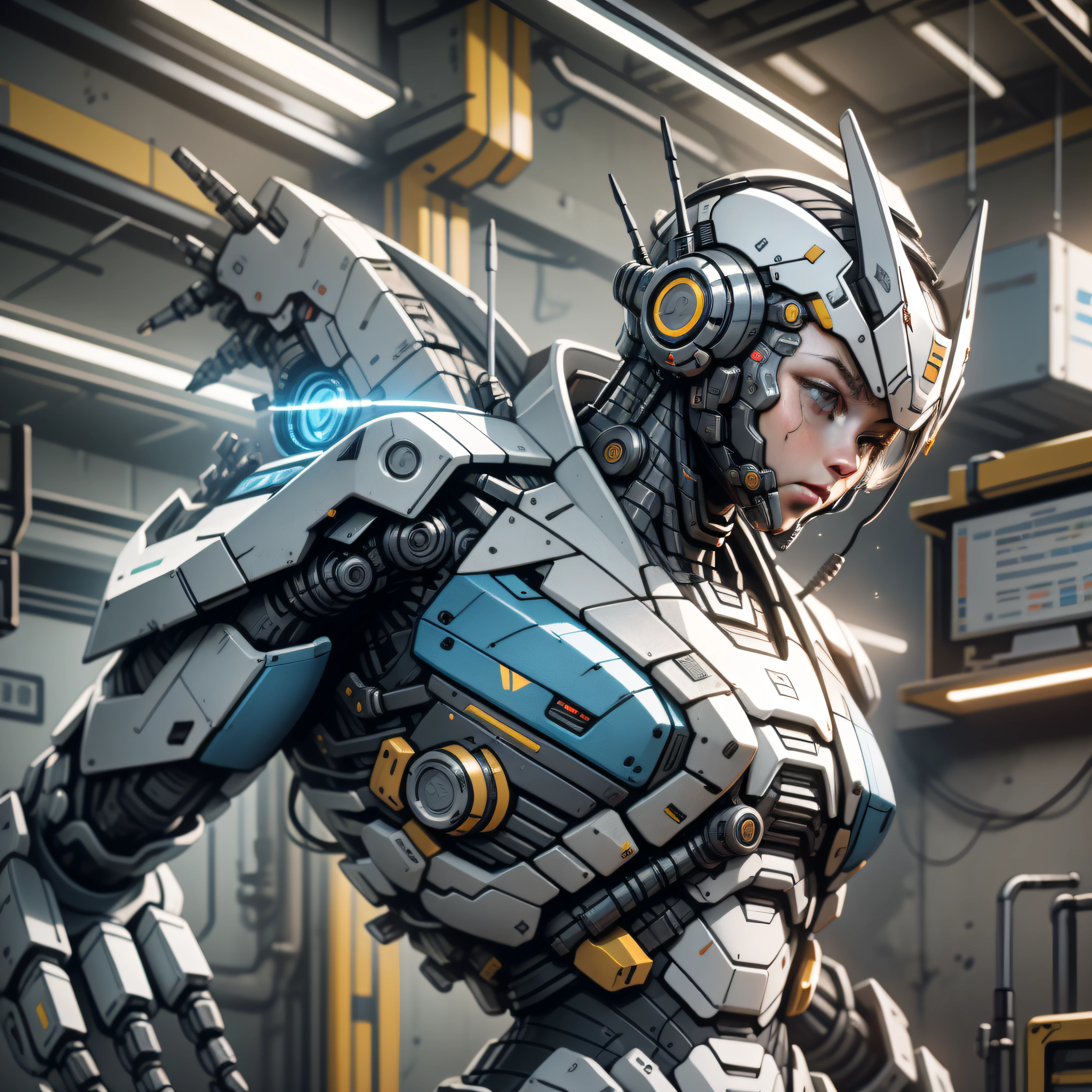 (masterpiece, best quality), intricate details, photo, realistic, unreal engine, Gray chrome and blue chrome
Mecha, humanoid robot, robot, robot joints, joints, helmet, armor, robot man, new, cyberpunk warehouse, computer terminals, arcing electricity, sp3ct4, dark atmosphere,