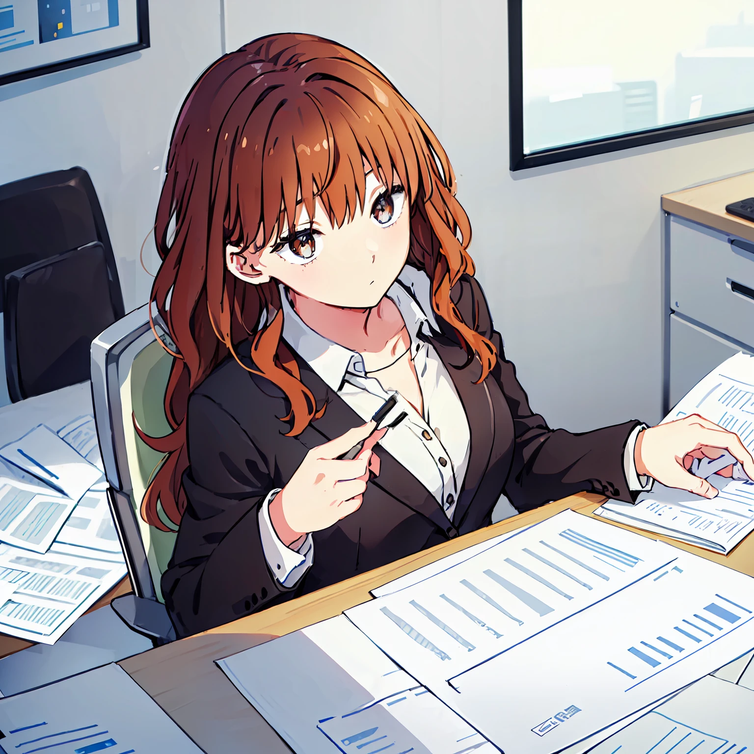 1 girl, long hair, brown hair, wavy upper-back length, brown eyes, black blazer, grey blouse, white pantyhouse, inside office, on top office desk, computer, smartphone, printers, papers, hold a pen in right hand, perfect finger shape