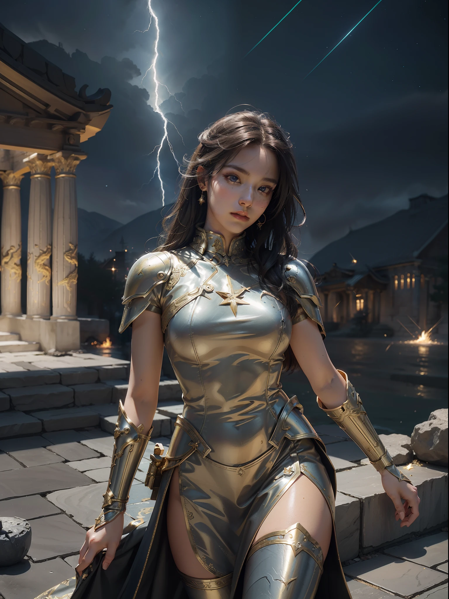 Valkyrie,dong,golden armour,Complex patterns,opulent,Greek temple,The background is a starry sky,(skin indentation:1.5), realisticlying, realisticlying, (Masterpiece:1.5), concept-art, intricately details, highly detailed, realisticlying, rendering by octane, 8K, unreal-engine, dynamicposes, Best quality at best, A high resolution, (photorealiscic face:1.1), (Hyper-realistic:1.1), perfect eyes,(shiny skins:1.2),Cast lightning, eletric, rotating flame, Radiant force, spark of light, smog, magia, ((Dramatic)), Epic, battlefiled, depth of fields, Background bokeh, 4K, ashes, Particle,