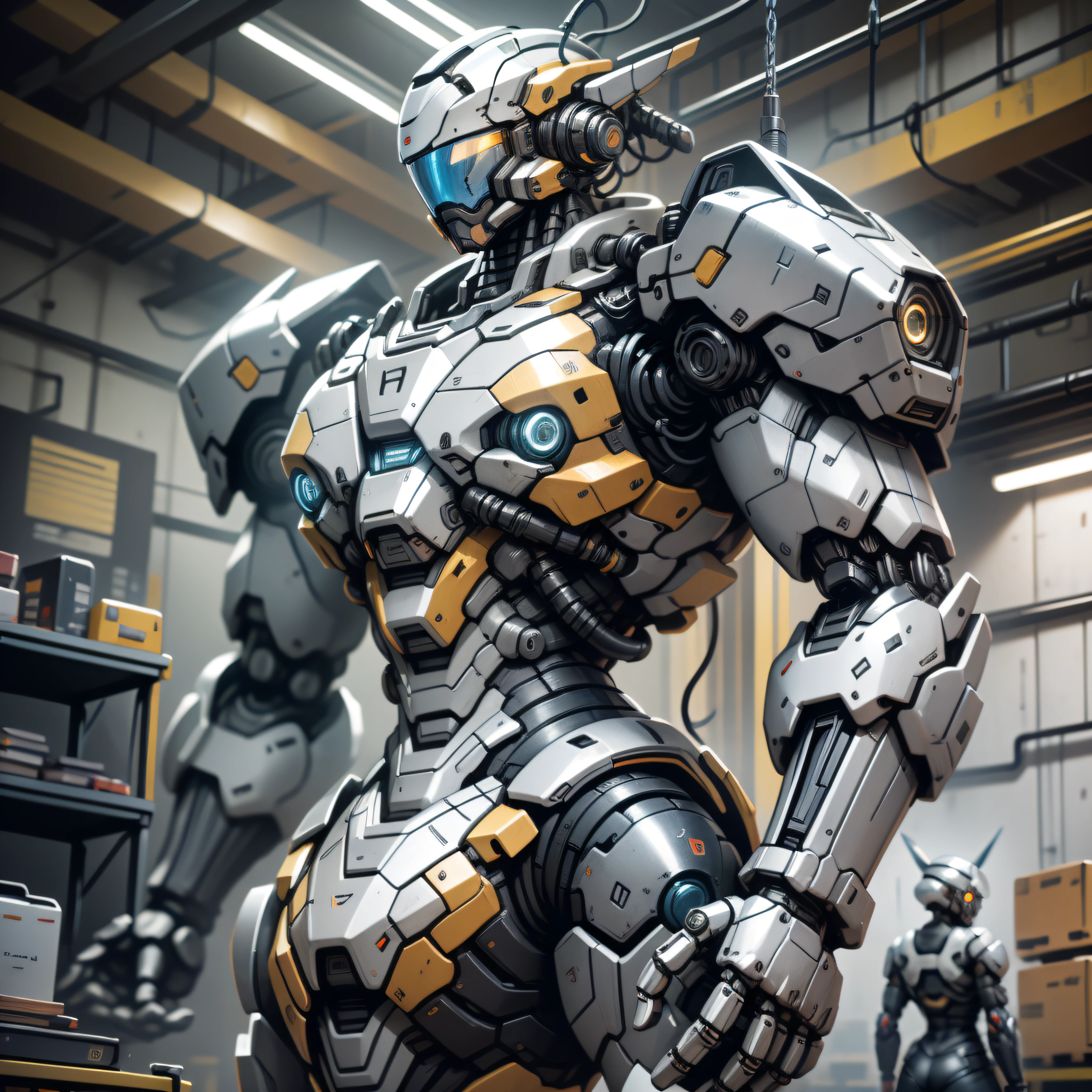 (masterpiece, best quality),  intricate details, photo, realistic, unreal engine, Gray chrome and blue chrome
 Mecha, humanoid robot, robot, robot joints, joints, helmet, armor, robot man, new, cyberpunk warehouse, computer terminals, arcing electricity,  sp3ct4,  dark atmosphere,