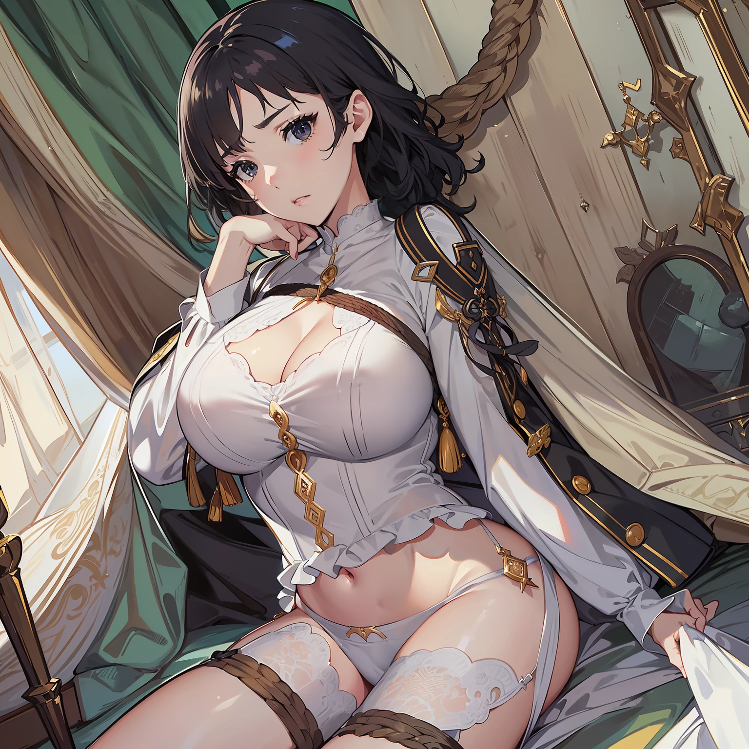 masterpiece、top-quality、hight resolution、独奏、Neat and clean adult woman、Woman tied with white rope、A dark-haired、short-hair、bontage、Black underwear、cramped underwear、full body Esbian、((arm behind back))、((top-quality、8K、masterpiece:1.3))、Inside the mansion、Crisp focus:1.2、Beautiful woman with perfect body shape:1.4、A slender 、((layers-Cut、Colossal tits:1.2))、Highly detailed facial and skin texture、A detailed eye、troubled look、Slave、sexual expressionsinvite